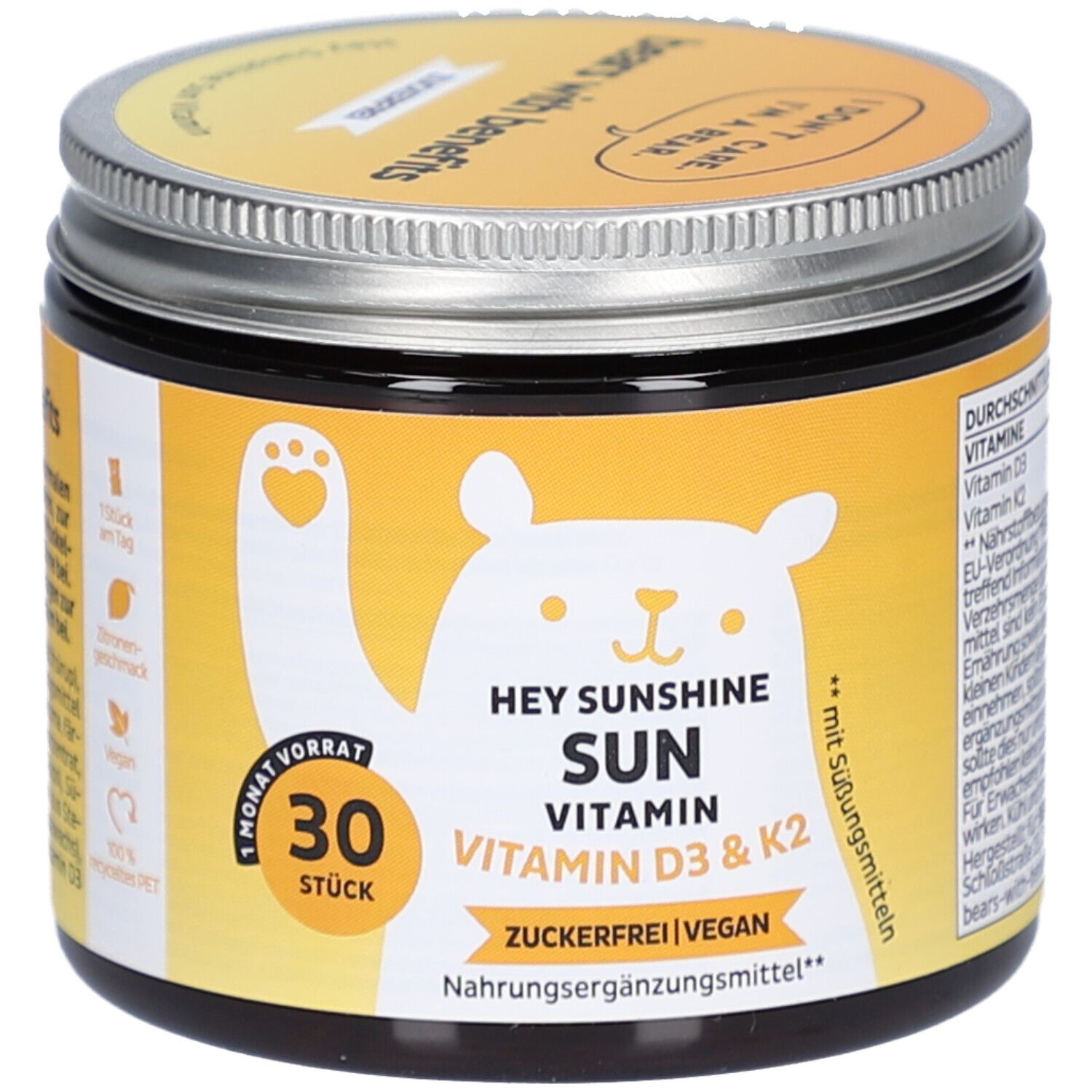 Dose mit Deckel. Aufschrift: HEY SUNSHINE SUN VITAMIN D3 & K2. 30 Stück. Zuckerfrei, vegan. Gelbes Etikett mit Bär.