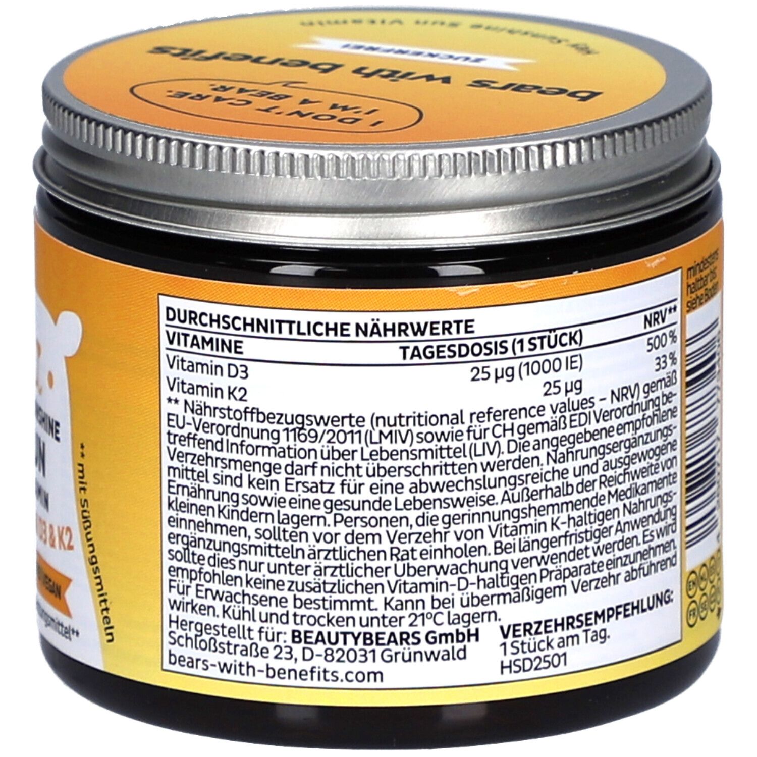 Dose mit Deckel. Aufschrift: HEY SUNSHINE SUN VITAMIN D3 & K2. Nährwertangaben. Vegan. Hersteller: BEAUTYBEARS. 1 Stück am Tag.