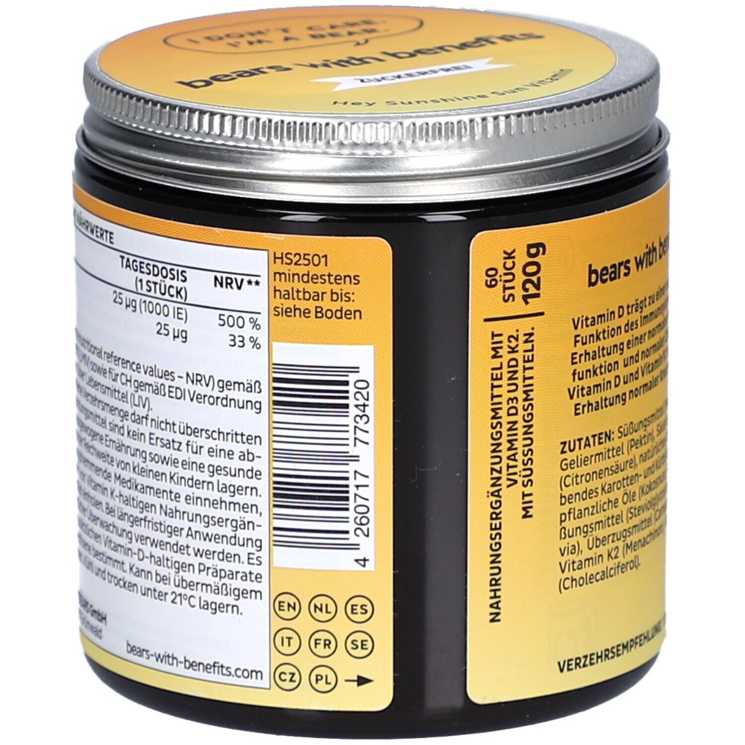 Gelbes Glas mit Deckel. Rückseite mit Text und Barcode. Nährwertangaben, Inhaltsstoffe. 120g. 60 Stück. Vegan. Mit Süßungsmitteln.