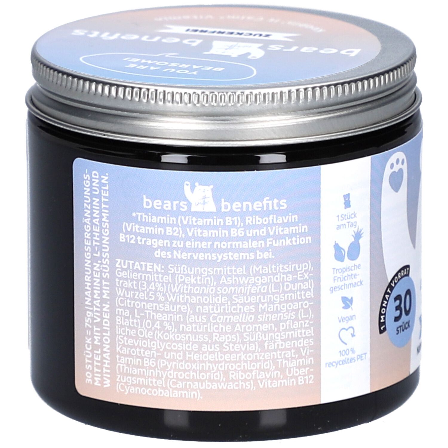 Dose mit Deckel. Aufschrift: bears with benefits. Zutatenliste und Nährwertangaben. 30 Stück. Vegan. 100% recyceltes PET.