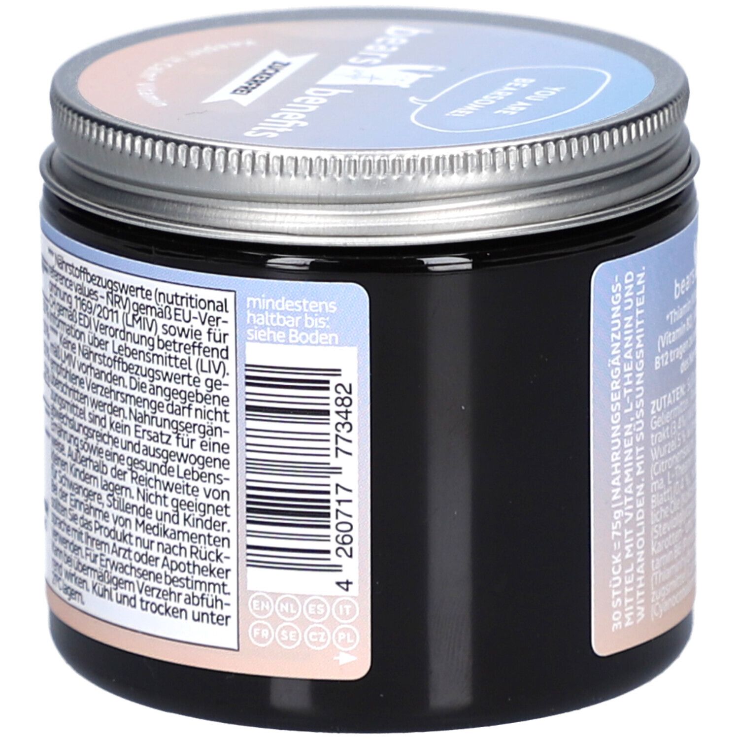 Dose mit Deckel. Aufschrift: bears with benefits. Barcode und Informationen. Mindestens haltbar bis. Nährwertangaben.