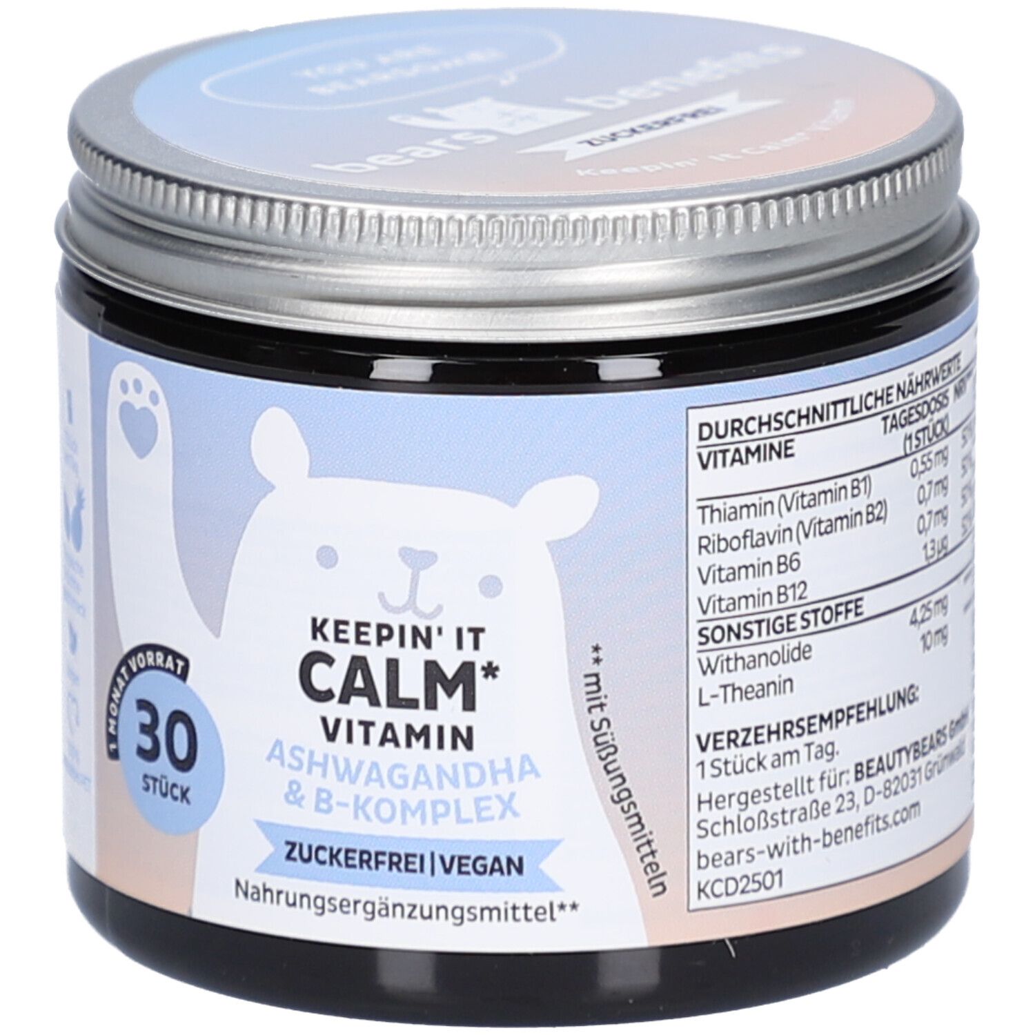 Dose mit Deckel. Aufschrift: KEEP'IN IT CALM Vitamin Ashwagandha & B-Komplex. 30 Stück. Vegan. Zuckerfrei. Nährwertangaben.