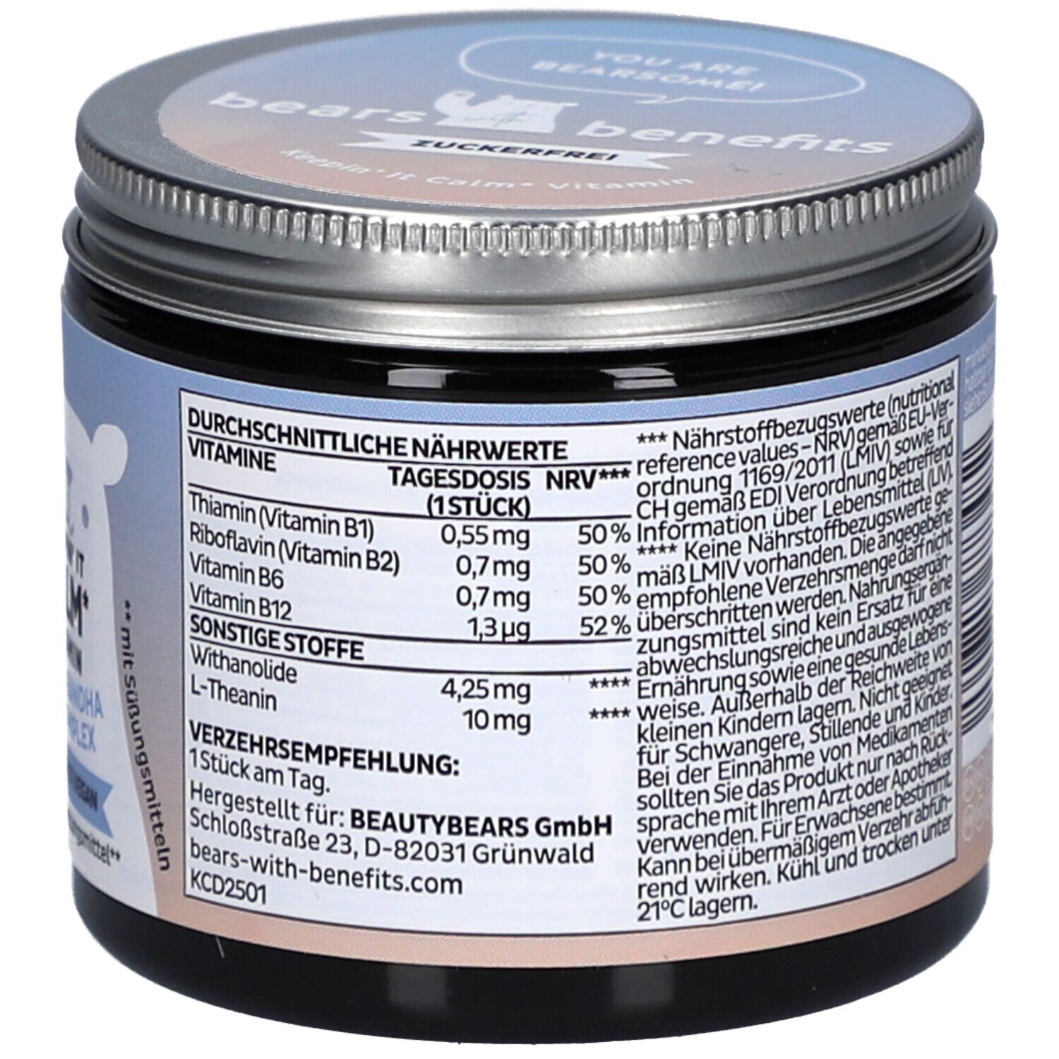 Dose mit Deckel. Aufschrift: bears with benefits. Nährwertangaben. Verzehrempfehlung: 1 Stück am Tag. Hergestellt von BEAUTYBEARS GmbH.