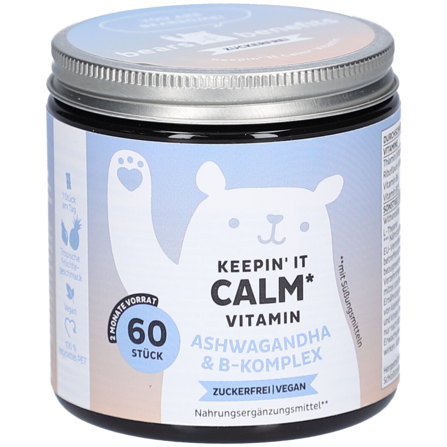 Dose mit Deckel. Aufschrift: KEEP'IN IT CALM Vitamin, Ashwagandha & B-Komplex. 60 Stück. Vegan. Zuckerfrei. Bär-Illustration.