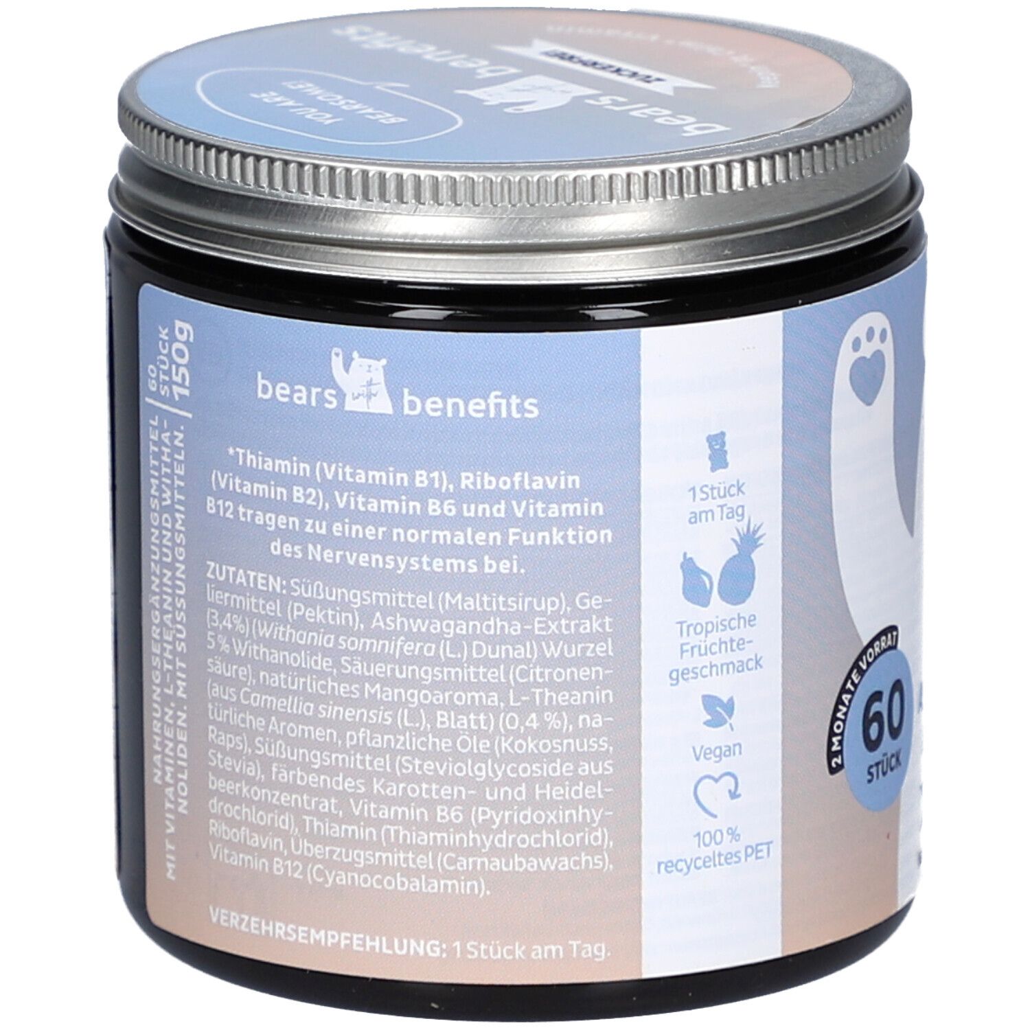 Dose mit Deckel. Rückseite mit Zutatenliste und Verzehrempfehlung. 150g. Tropische Fruchtgeschmack. Vegan. 100% recyceltes PET.