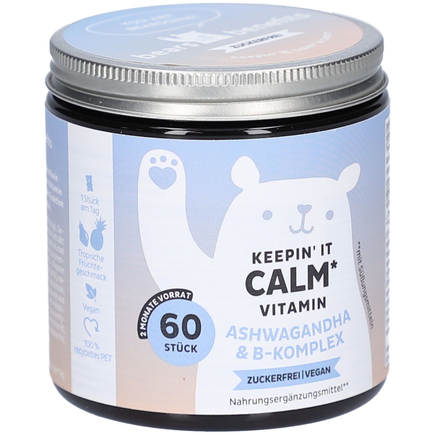 Dose mit Deckel. Aufschrift: KEEP'IN IT CALM Vitamin, Ashwagandha & B-Komplex. 60 Stück. Vegan. Zuckerfrei. Bär-Illustration.