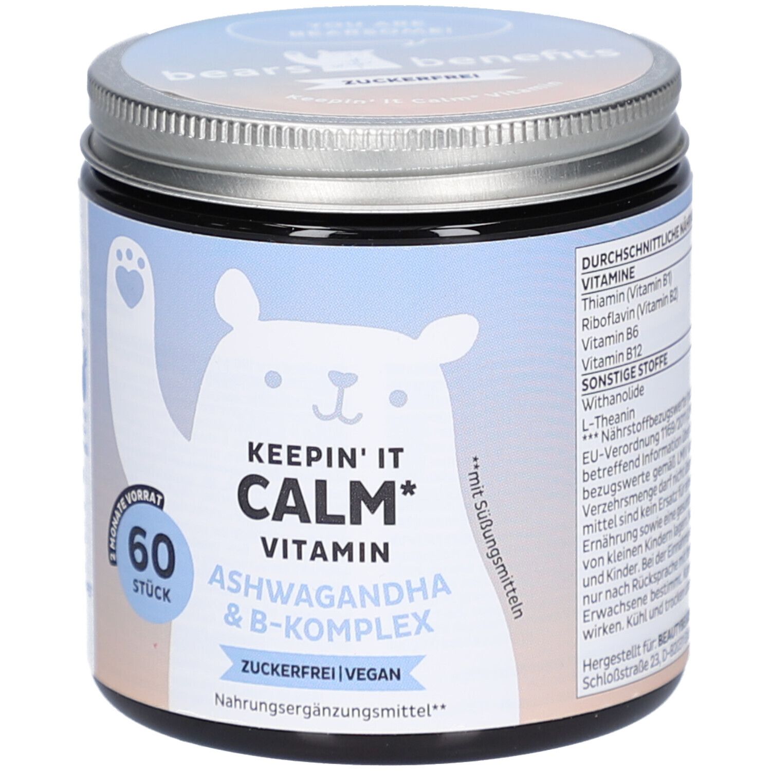 Dose mit Deckel. Aufschrift: KEEP'IN IT CALM Vitamin, Ashwagandha & B-Komplex. 60 Stück. Vegan. Zuckerfrei. Bär-Illustration.