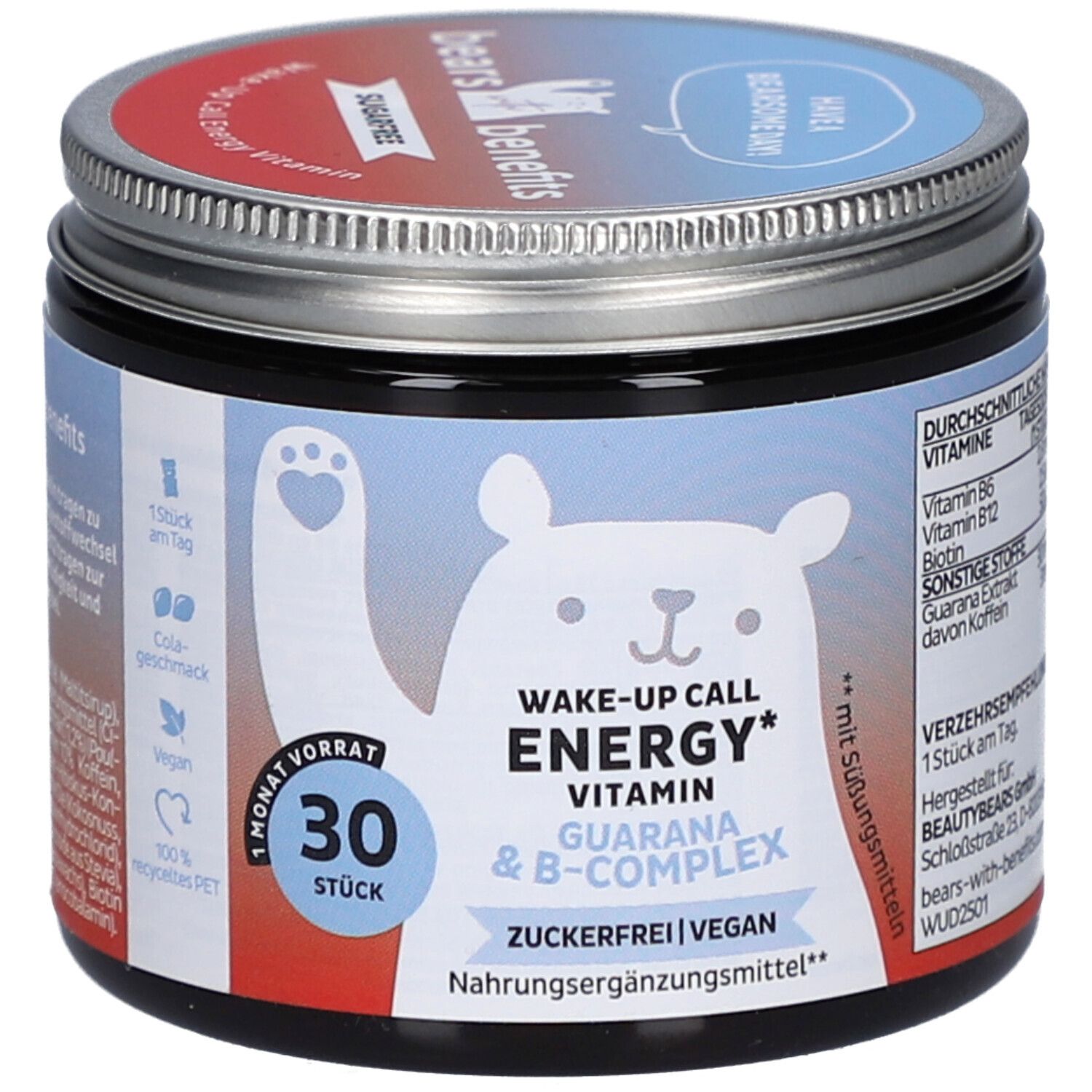 Dose mit "BEAR WITH BENEFITS" und "Wake-up Call Energy" Schriftzug. Enthält 30 Stück. Vegan, zuckerfrei. Mit B-Komplex und Guarana.