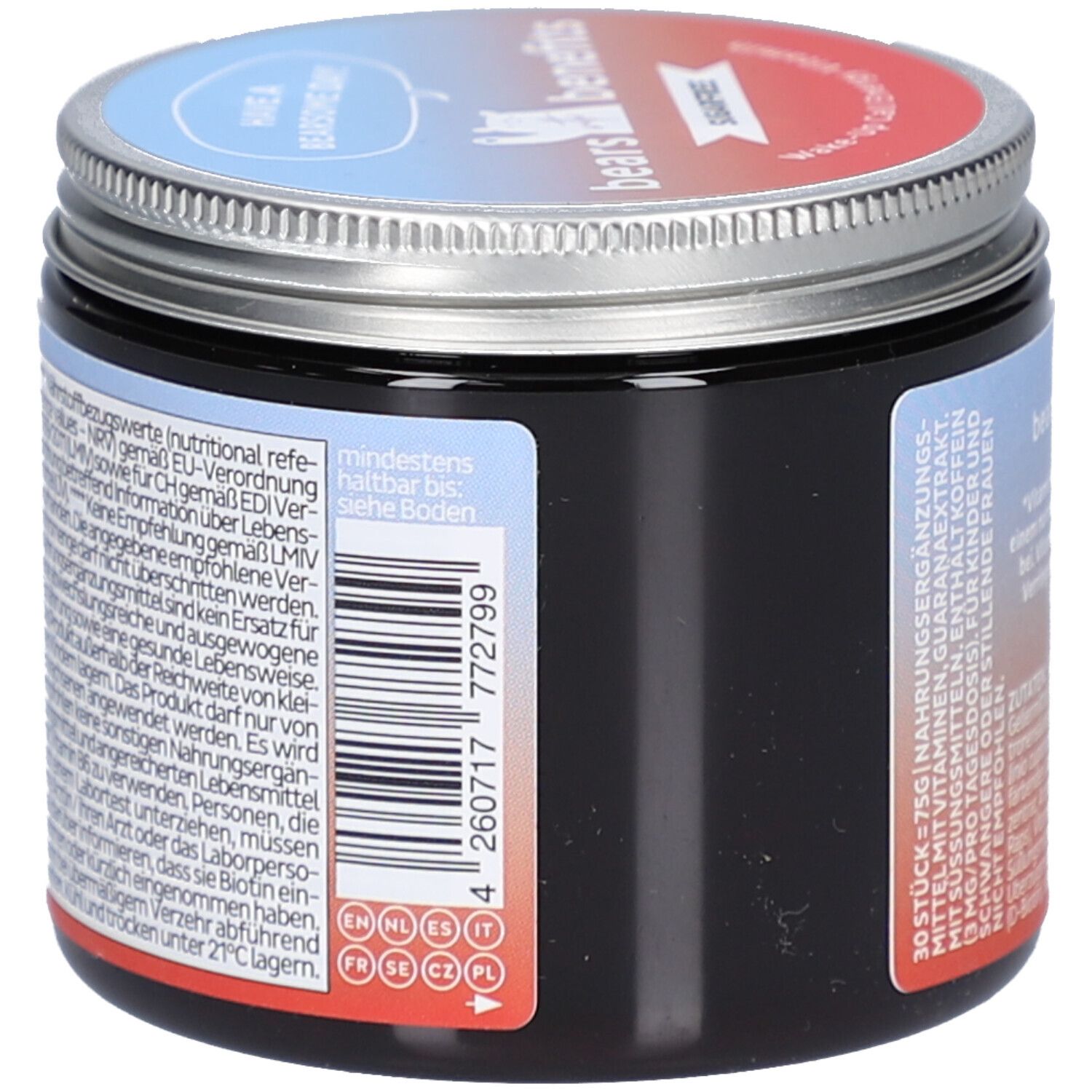 Dose "BEAR WITH BENEFITS". Seitenansicht mit Barcode und Text. Enthält 75g. Mehrsprachige Kennzeichnung.