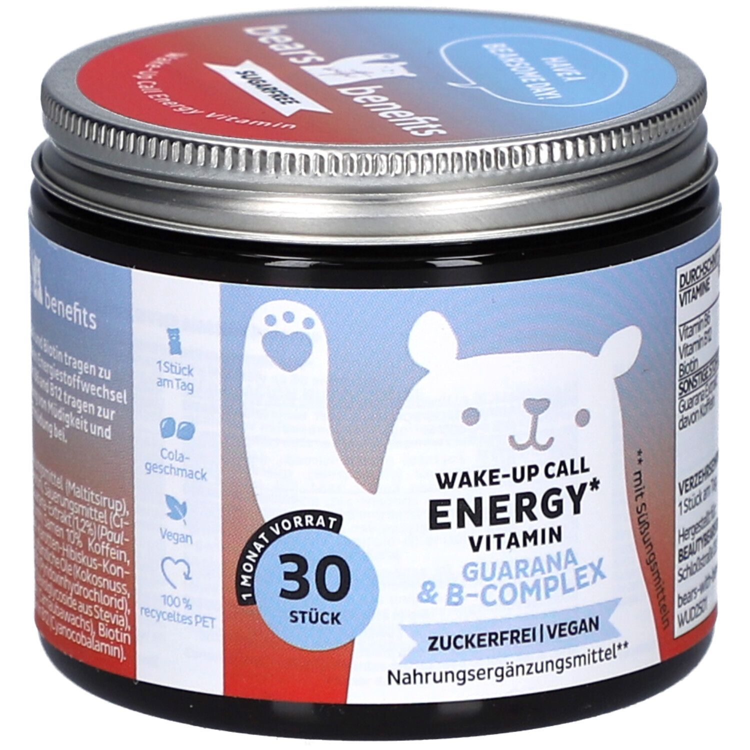 Dose mit "BEAR WITH BENEFITS" und "Wake-up Call Energy" Schriftzug. Enthält 30 Stück. Vegan, zuckerfrei. Mit B-Komplex und Guarana.