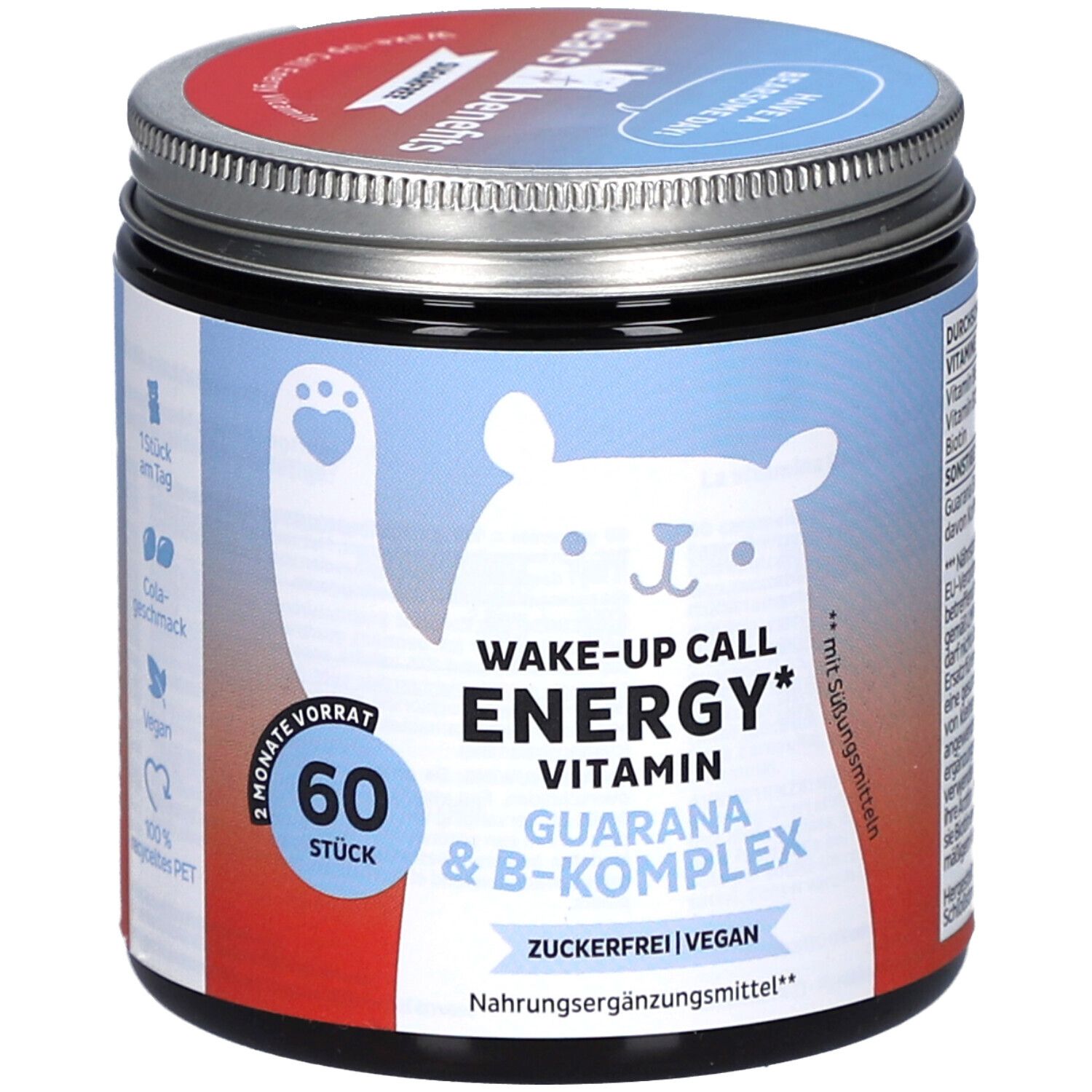 Dose mit "WAKE-UP CALL ENERGY"-Aufschrift, Bär-Illustration, 60 Stück. Enthält Guarana, B-Komplex, zuckerfrei, vegan. Deckel mit "BEAR WITH BENEFITS"-Logo.