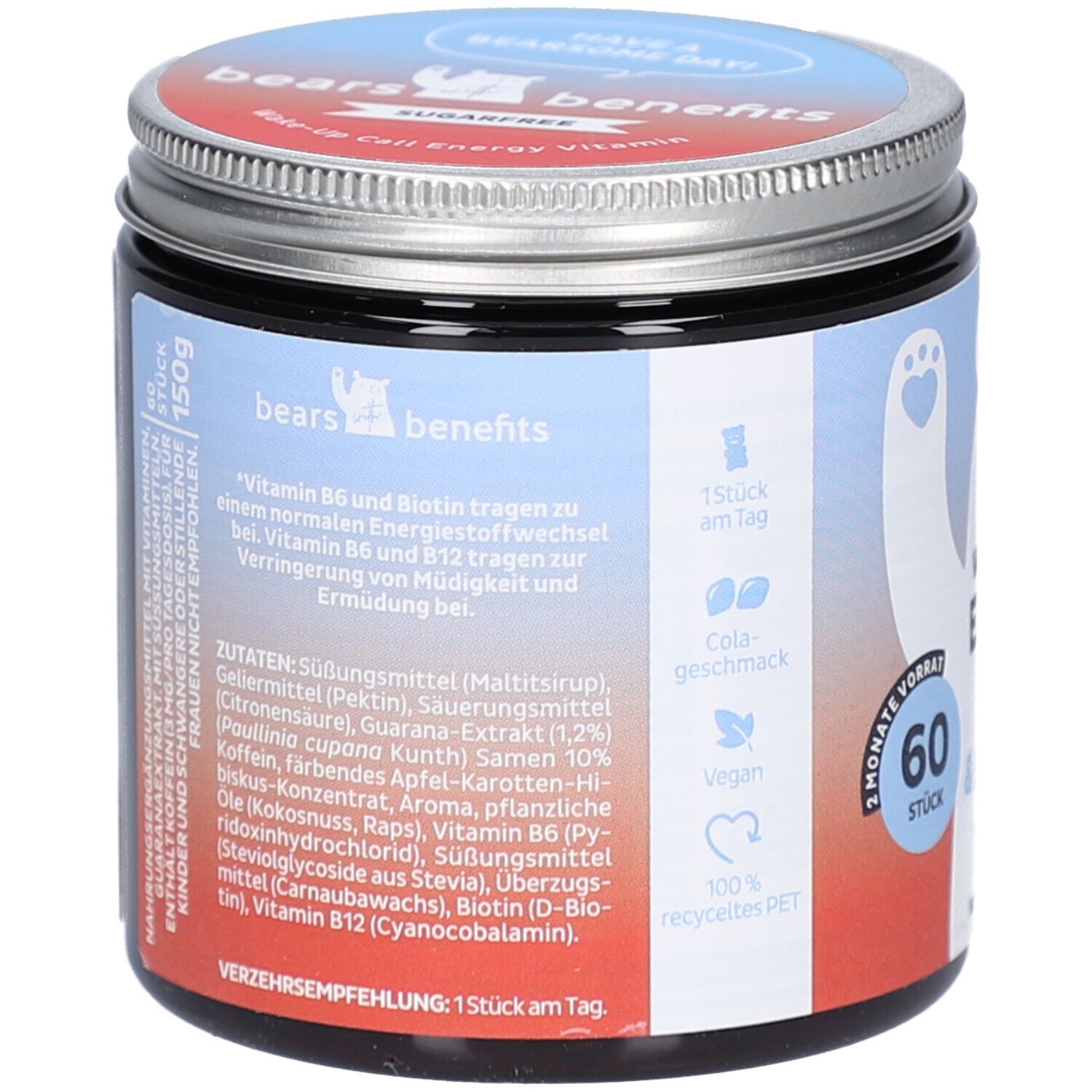 Dose mit "BEAR WITH BENEFITS"-Logo. Enthält 150g. Zutatenliste, Verzehrempfehlung: 1 Stück pro Tag. Enthält 60 Stück. Vegan, zuckerfrei, 100% recyceltes PET.