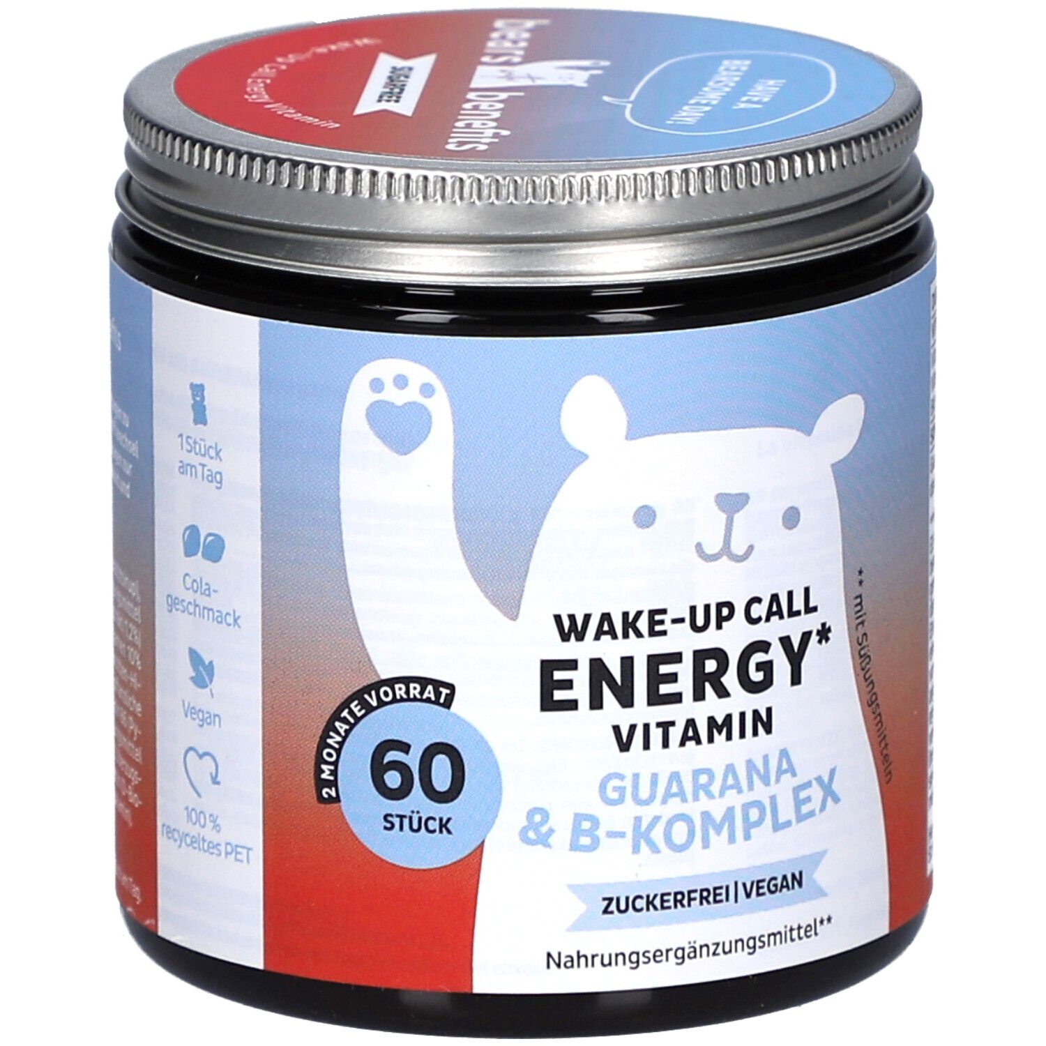 Dose mit "WAKE-UP CALL ENERGY"-Aufschrift, Bär-Illustration, 60 Stück. Enthält Guarana, B-Komplex, zuckerfrei, vegan. Deckel mit "BEAR WITH BENEFITS"-Logo.