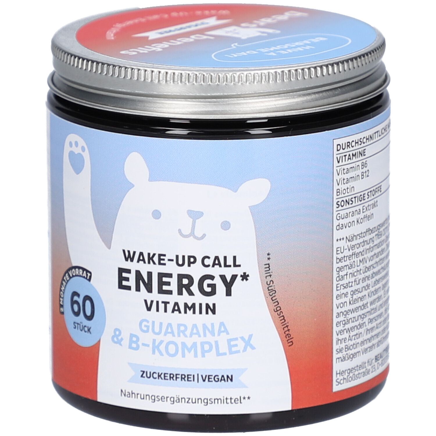 Dose mit "WAKE-UP CALL ENERGY"-Aufschrift, Bär-Illustration, 60 Stück. Enthält Guarana, B-Komplex, zuckerfrei, vegan. Deckel mit "BEAR WITH BENEFITS"-Logo.