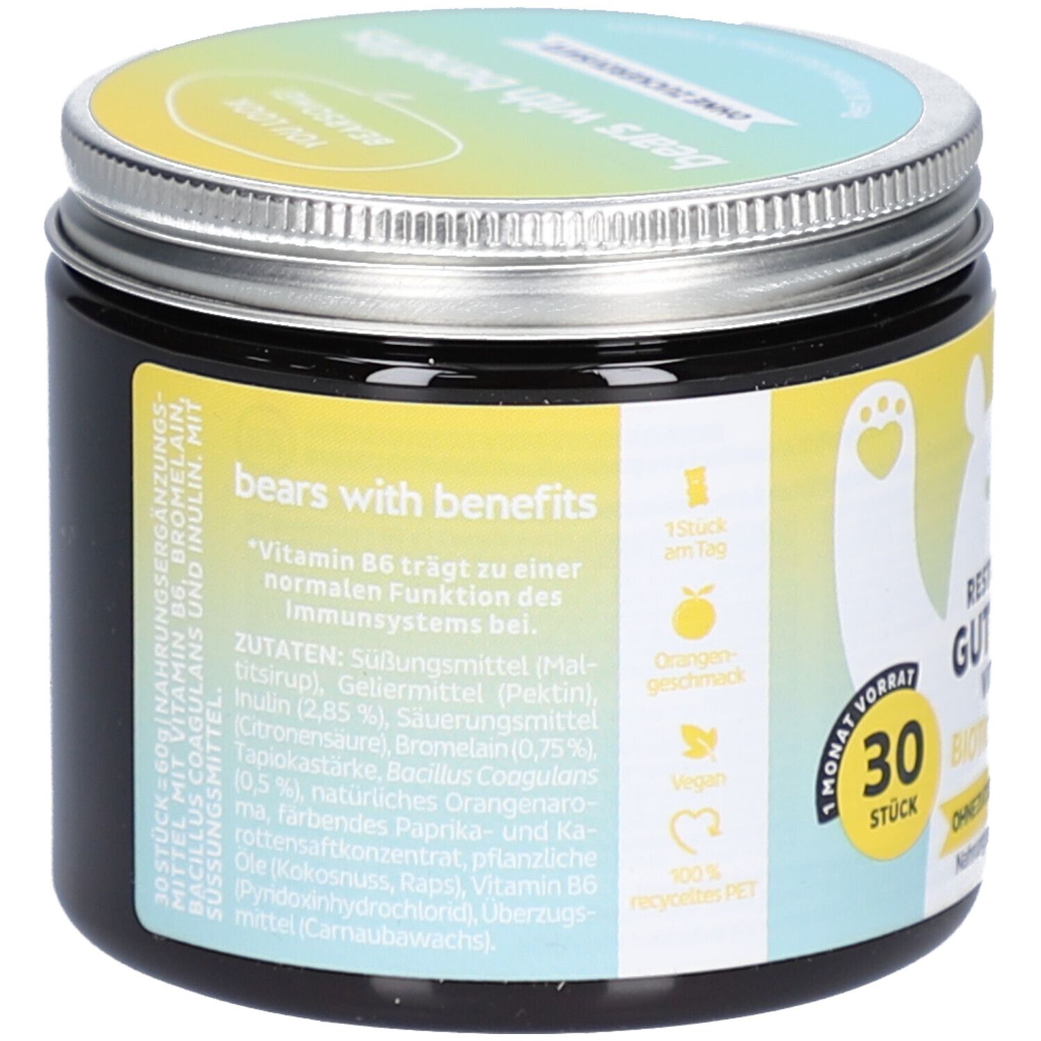 Dose mit Deckel. Rückseite mit Zutatenliste und Nährwertangaben. Vegan. 30 Stück. Mit Bär-Logo.