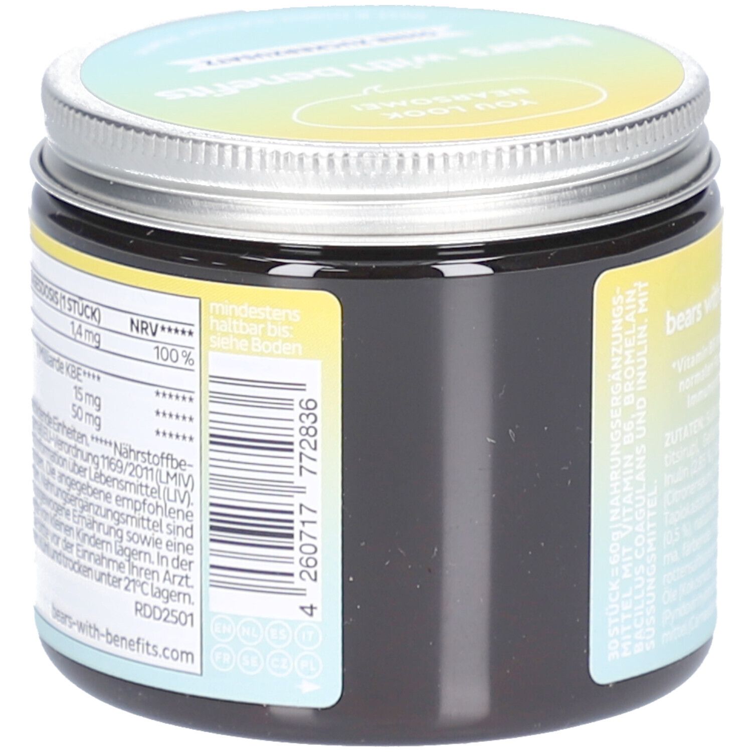 Dose mit Deckel. Seite mit Nährwertangaben und Barcode. Mindestens haltbar bis. Mit Bär-Logo.