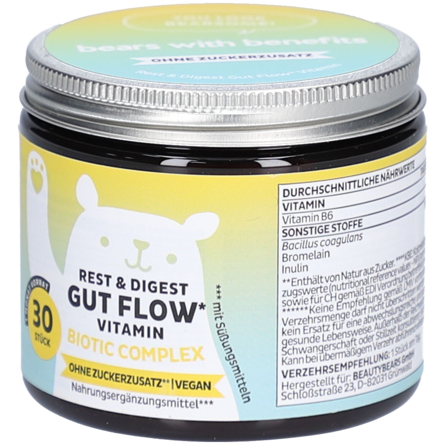 Dose mit Deckel. Aufschrift: Rest & Digest Gut Flow Vitamin, 30 Stück. Vegan. Ohne Zuckerzusatz. Mit Bär-Illustration.