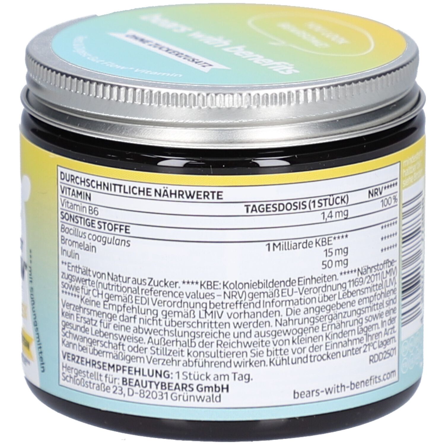 Dose mit Deckel. Rückseite mit Nährwertangaben. 1 Milliarde KBE. Mit Bär-Logo.