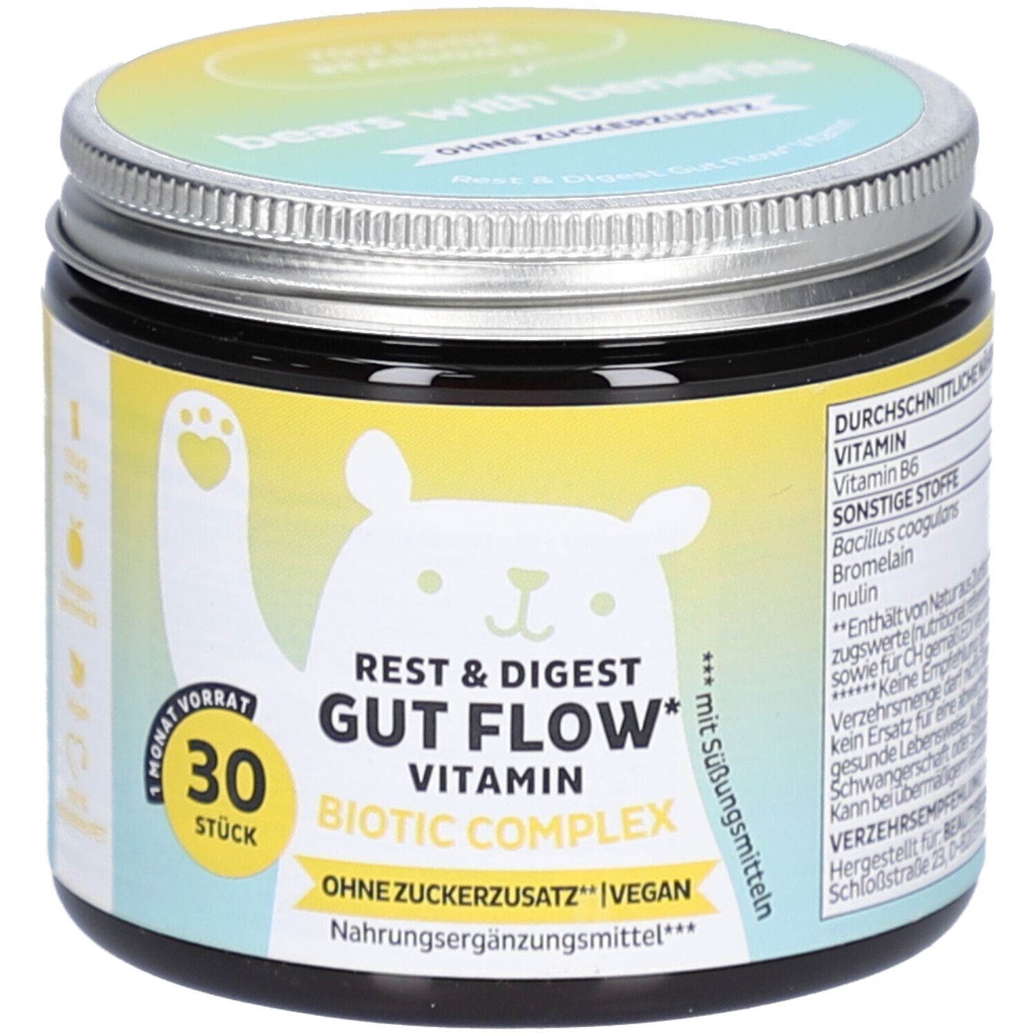 Dose mit Deckel. Aufschrift: Rest & Digest Gut Flow Vitamin, 30 Stück. Vegan. Ohne Zuckerzusatz. Mit Bär-Illustration.
