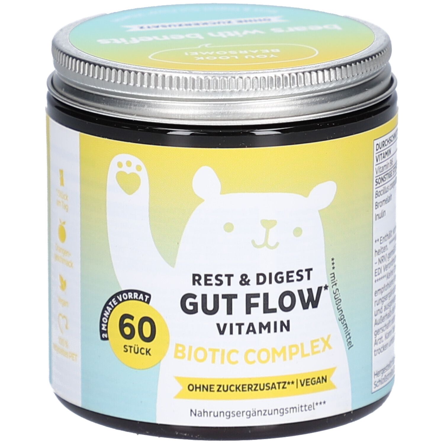 Dose mit Deckel. Aufschrift: Rest & Digest Gut Flow Vitamin, 60 Stück. Vegan. Ohne Zuckerzusatz. Bär-Illustration.