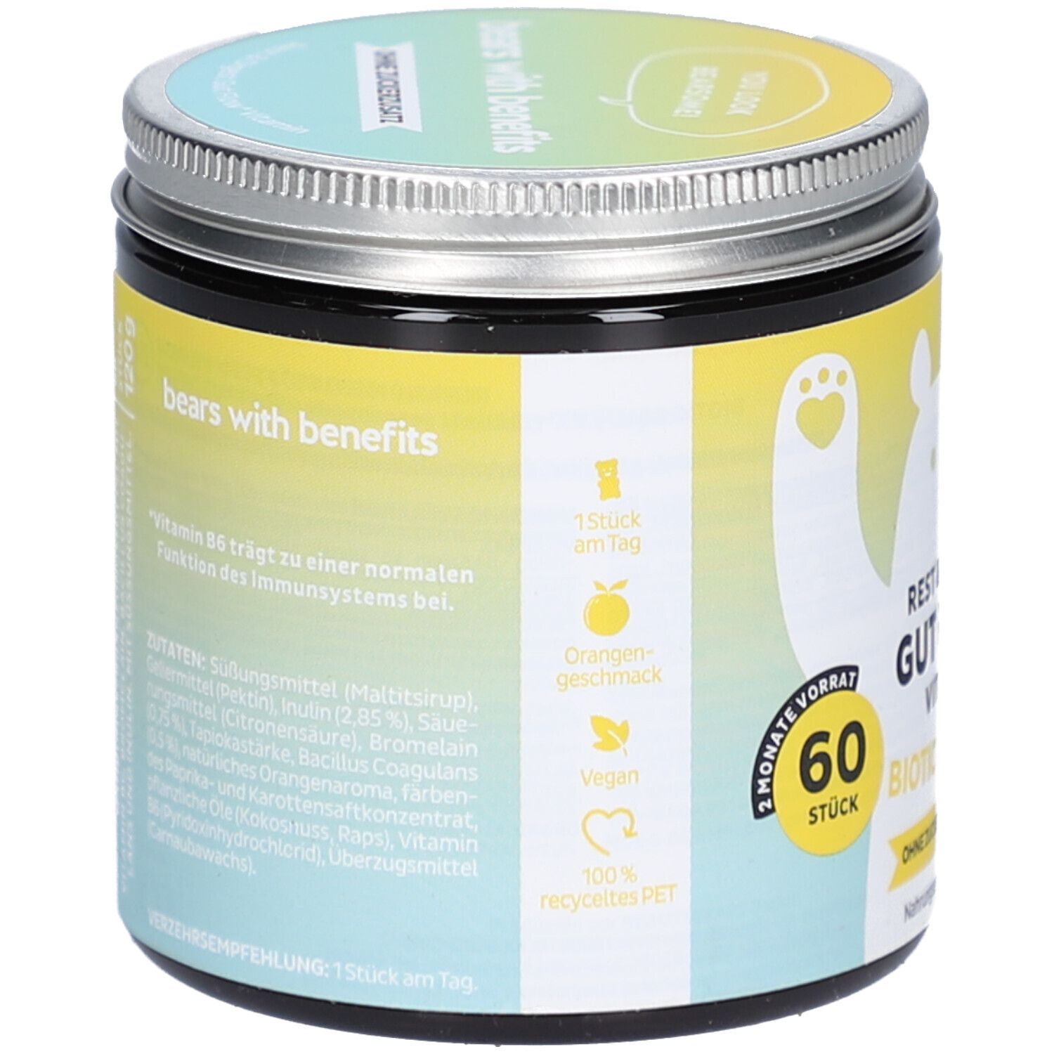 Dose mit Deckel. Rückseite mit Text. Zutatenliste, Hinweise. 60 Stück. 100% recyceltes PET. Orangen-Geschmack. Vegan.