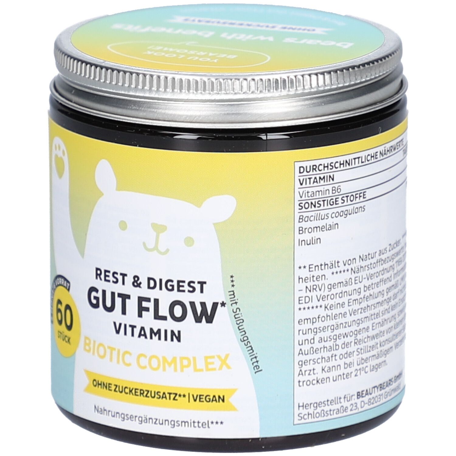 Dose mit Deckel. Aufschrift: Rest & Digest Gut Flow Vitamin, 60 Stück. Vegan. Ohne Zuckerzusatz. Bär-Illustration. Nährwerte.
