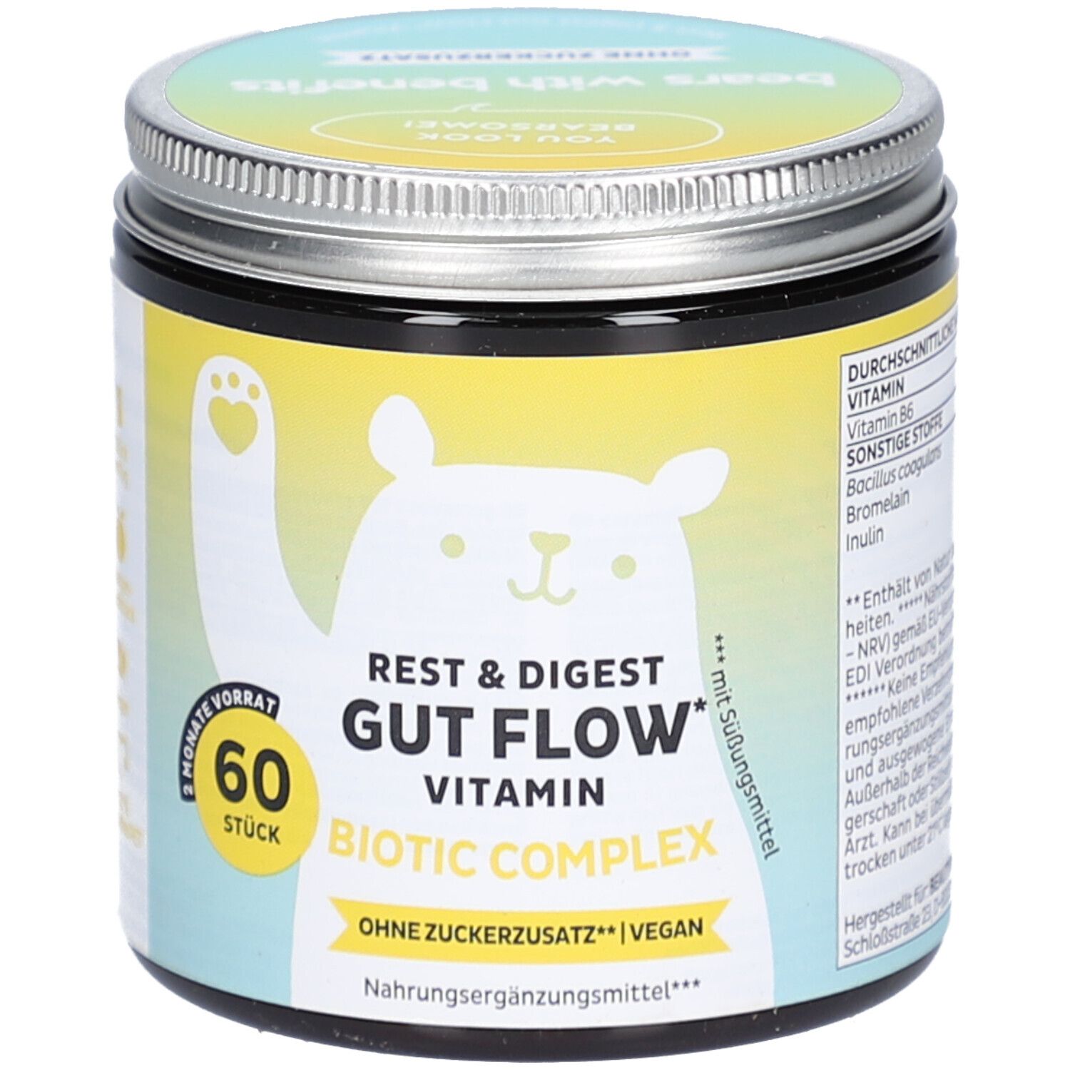 Dose mit Deckel. Aufschrift: Rest & Digest Gut Flow Vitamin, 60 Stück. Vegan. Ohne Zuckerzusatz. Bär-Illustration. 3 Monate Vorrat.