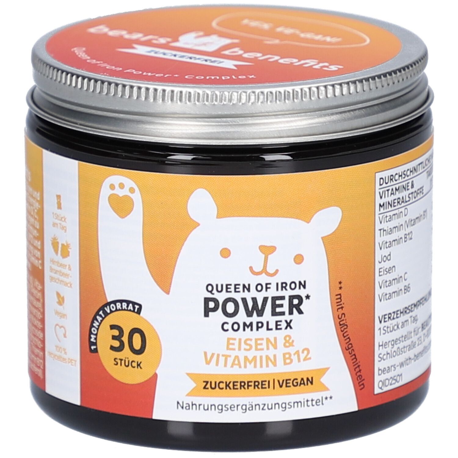 Dose mit Deckel. Aufdruck: Bär, "Queen of Iron Power Complex", Eisen & Vitamin B12. 30 Stück. Vegan. Zuckerfrei.