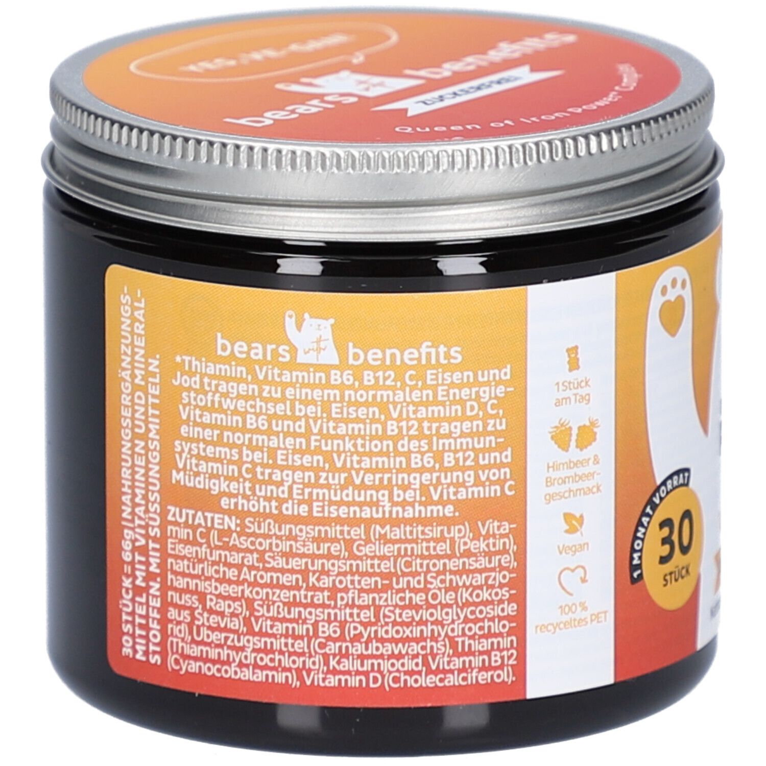 Dose mit Deckel. Rückseite mit Text. Zutatenliste, Nährwertangaben, Herstellerinformationen. 30 Stück. Vegan. 100% recyceltes PET.