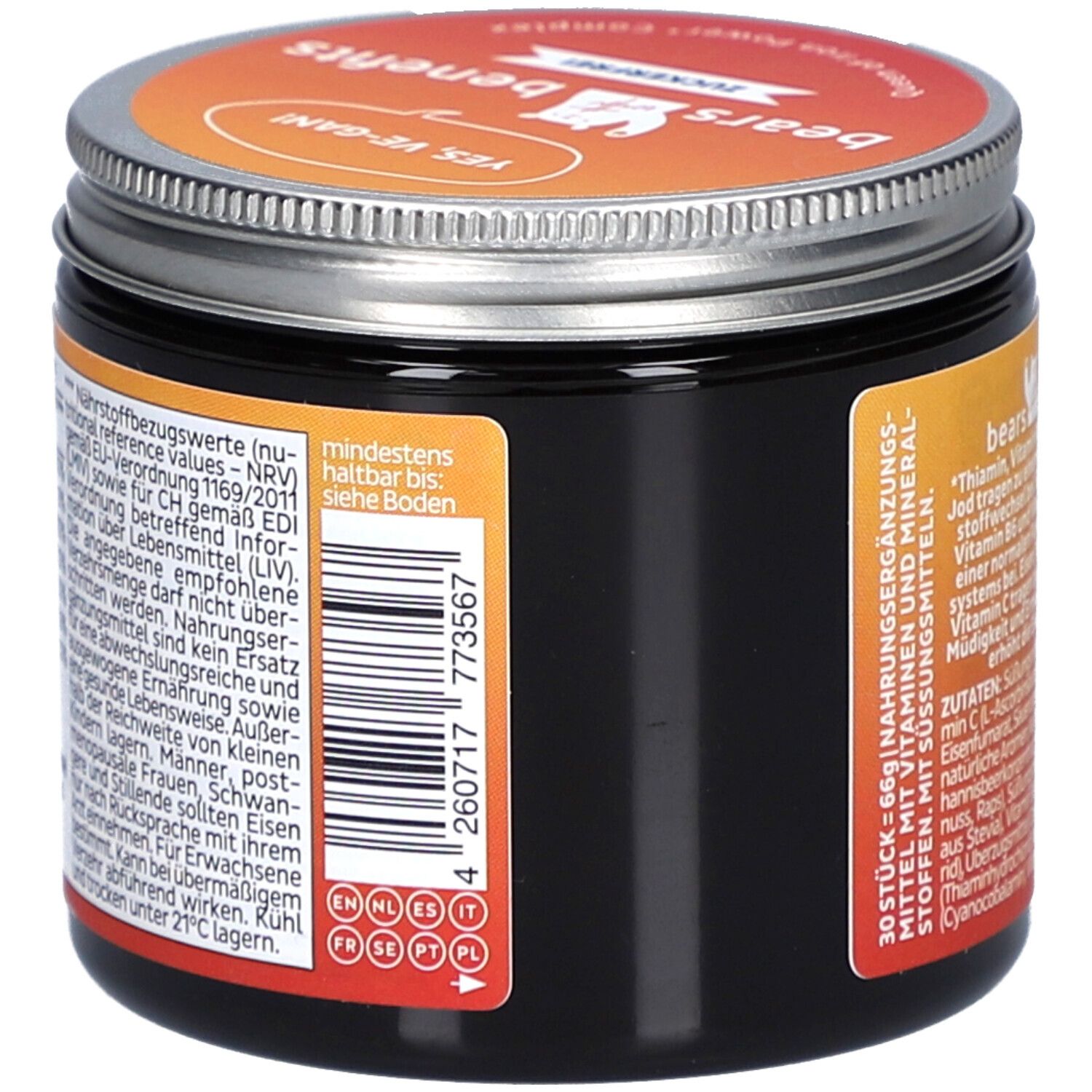 Dose mit Deckel. Rückseite mit Text und Barcode. Mehrsprachige Kennzeichnung: EN, NL, IT, ES, PT, PL.