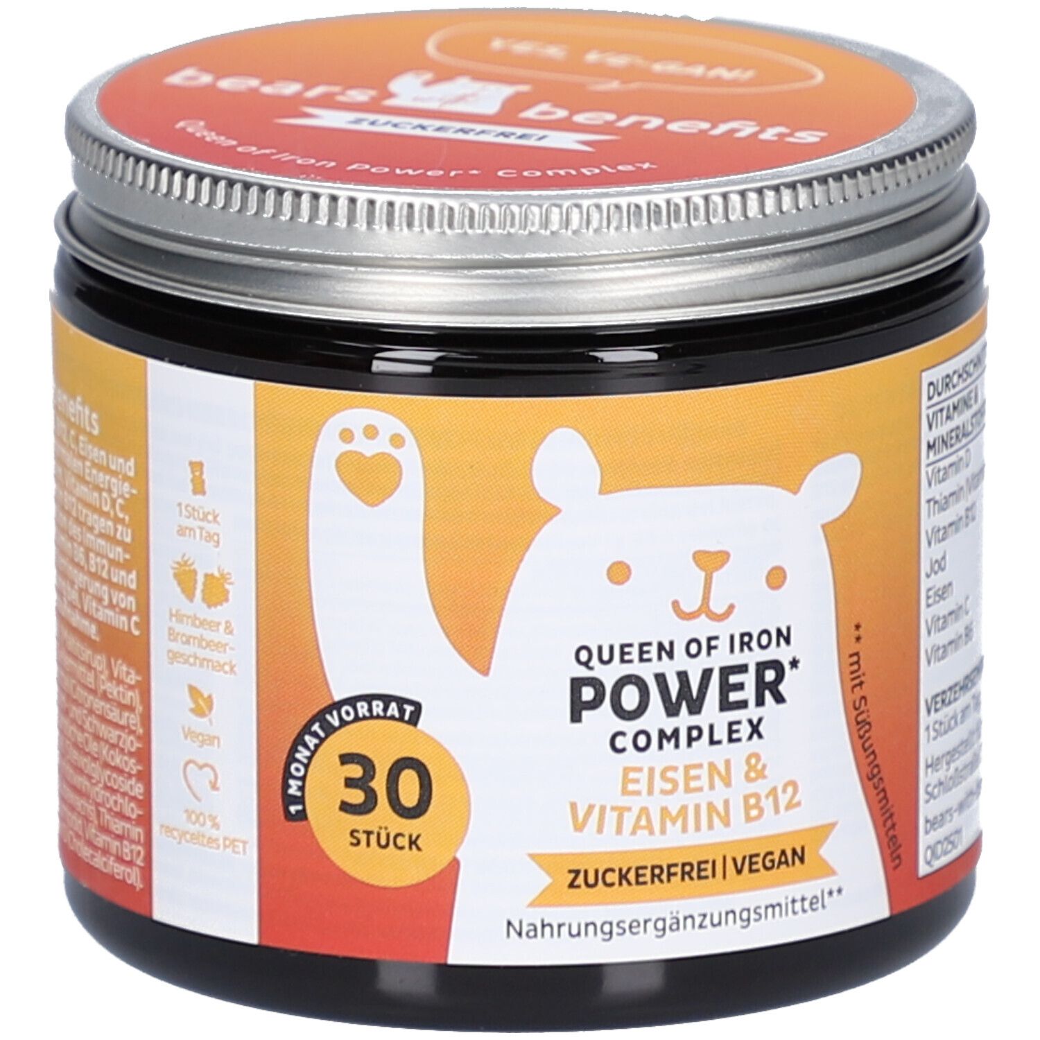 Dose mit Deckel. Aufdruck: Bär, "Queen of Iron Power Complex", Eisen & Vitamin B12. 30 Stück. Vegan. Zuckerfrei.