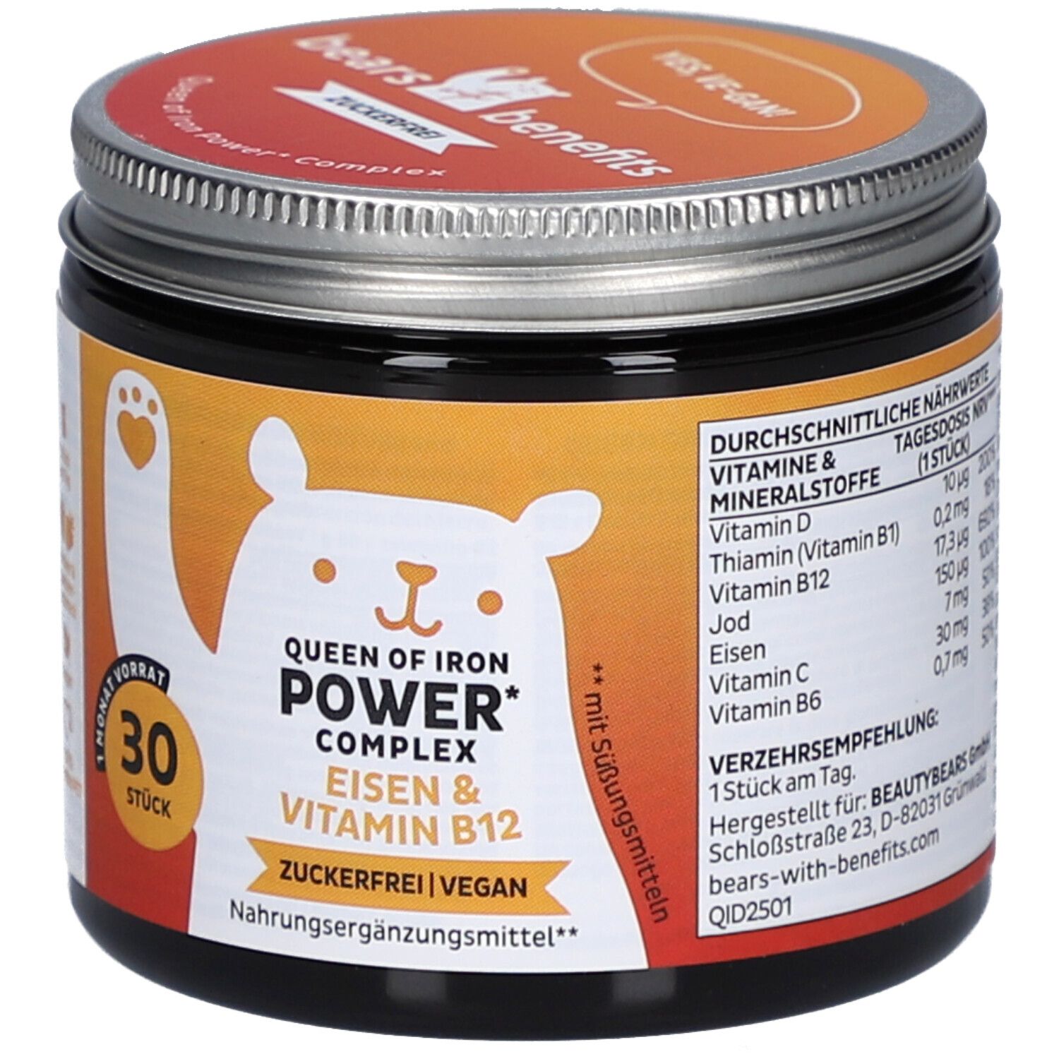 Dose mit Deckel. Aufdruck: Bär, "Queen of Iron Power Complex", Eisen & Vitamin B12. 30 Stück. Vegan. Zuckerfrei. Nährwertangaben.