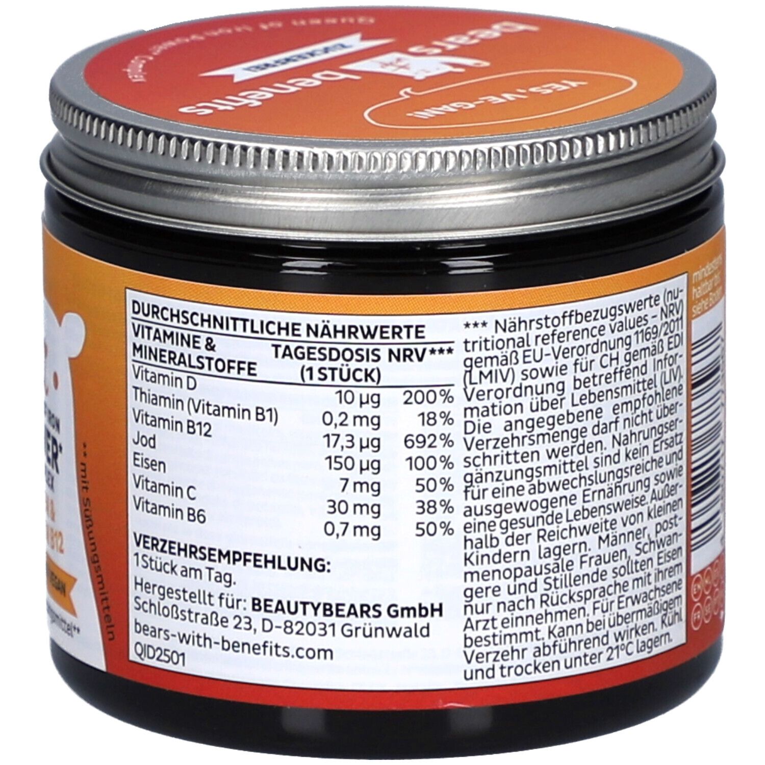 Dose mit Deckel. Rückseite mit Text. Nährwertangaben, Verzehrempfehlung, Herstellerinformationen. 1 Stück.