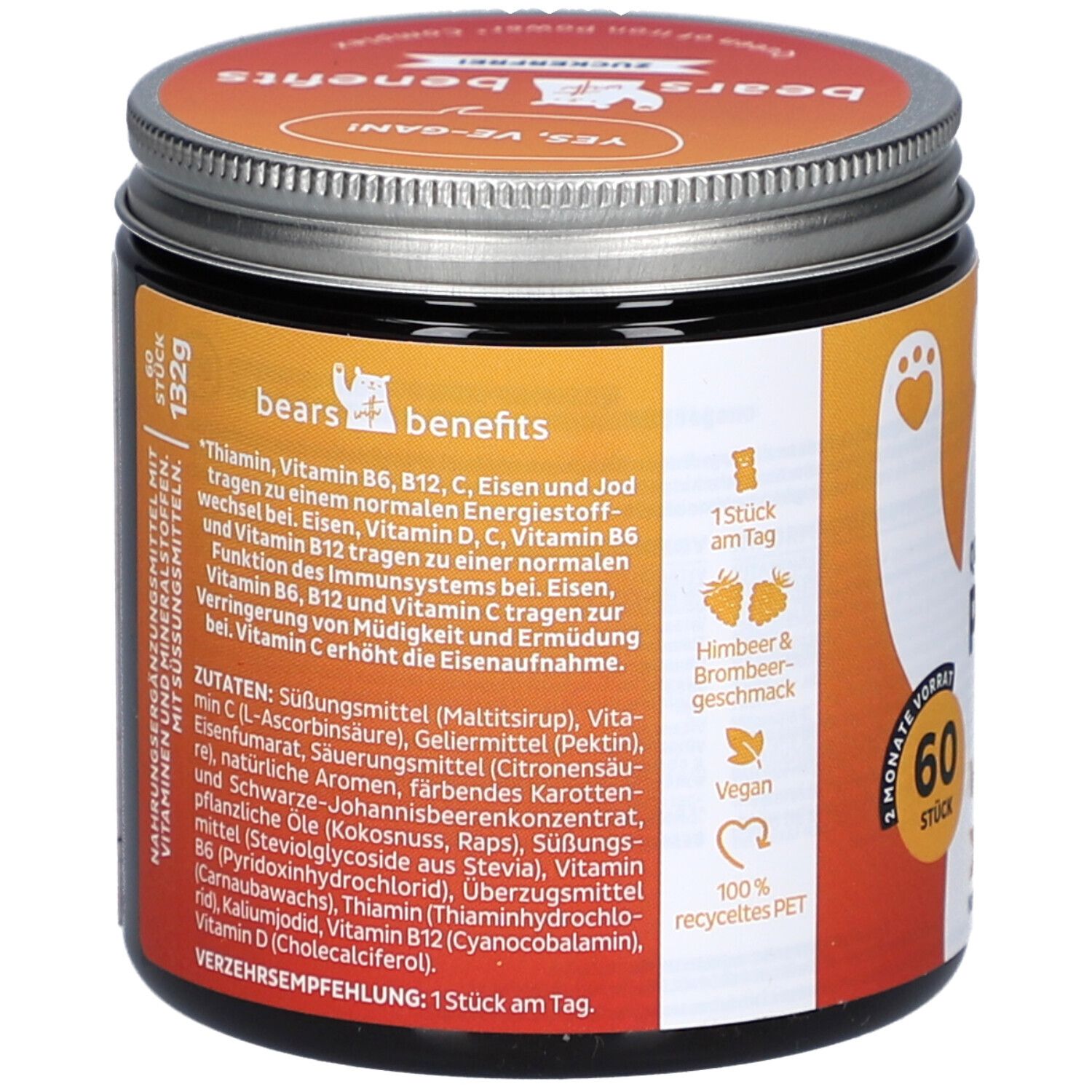 Dose mit Inhaltsstoffen und Nährwertangaben. Text in Deutsch. Vegan, 100% recyceltes PET. Himbeer-Brombeer Geschmack.