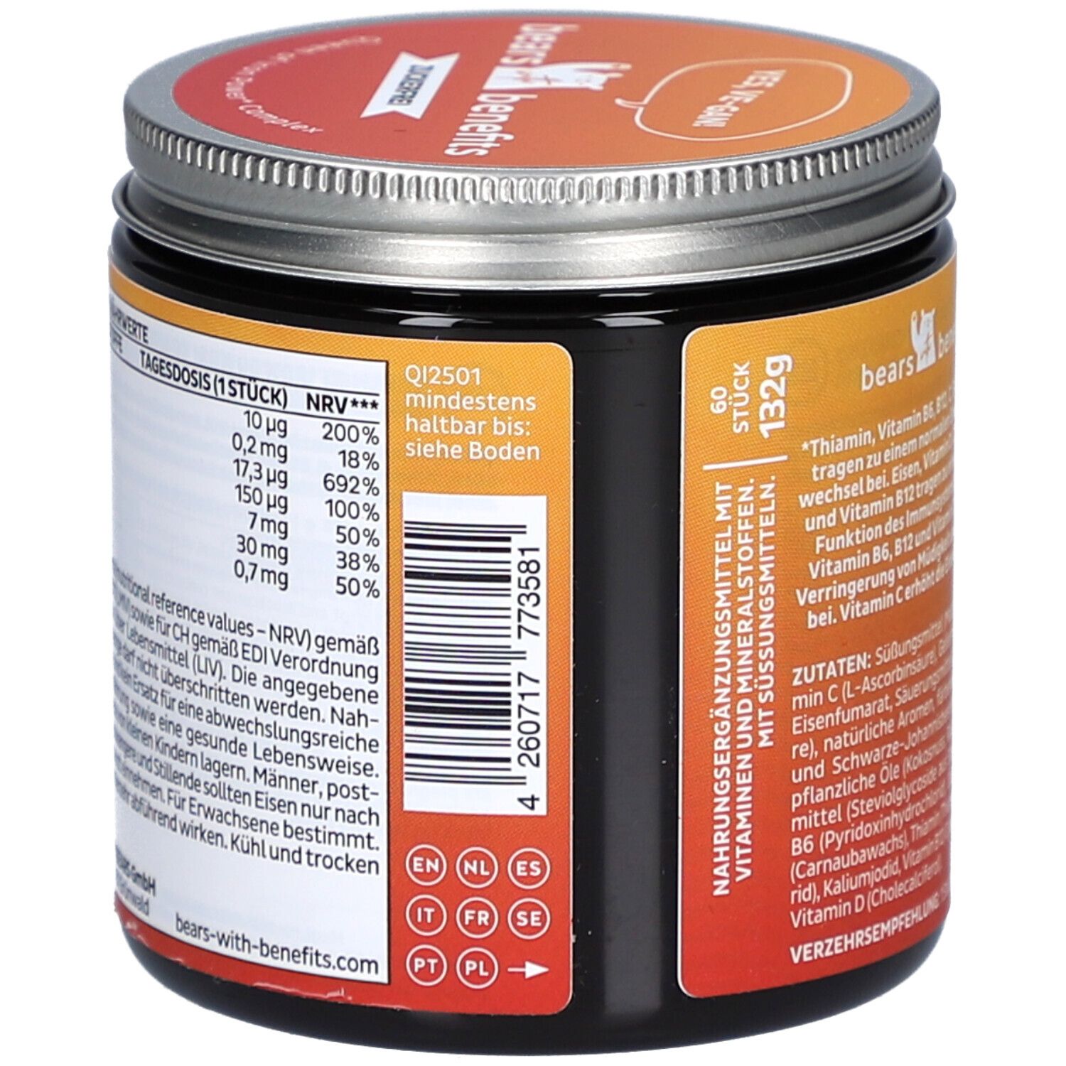 Dose mit Nährwerttabelle und Barcode. Text in Deutsch. 60 Stück. Marke: bears with benefits. Website-Adresse.
