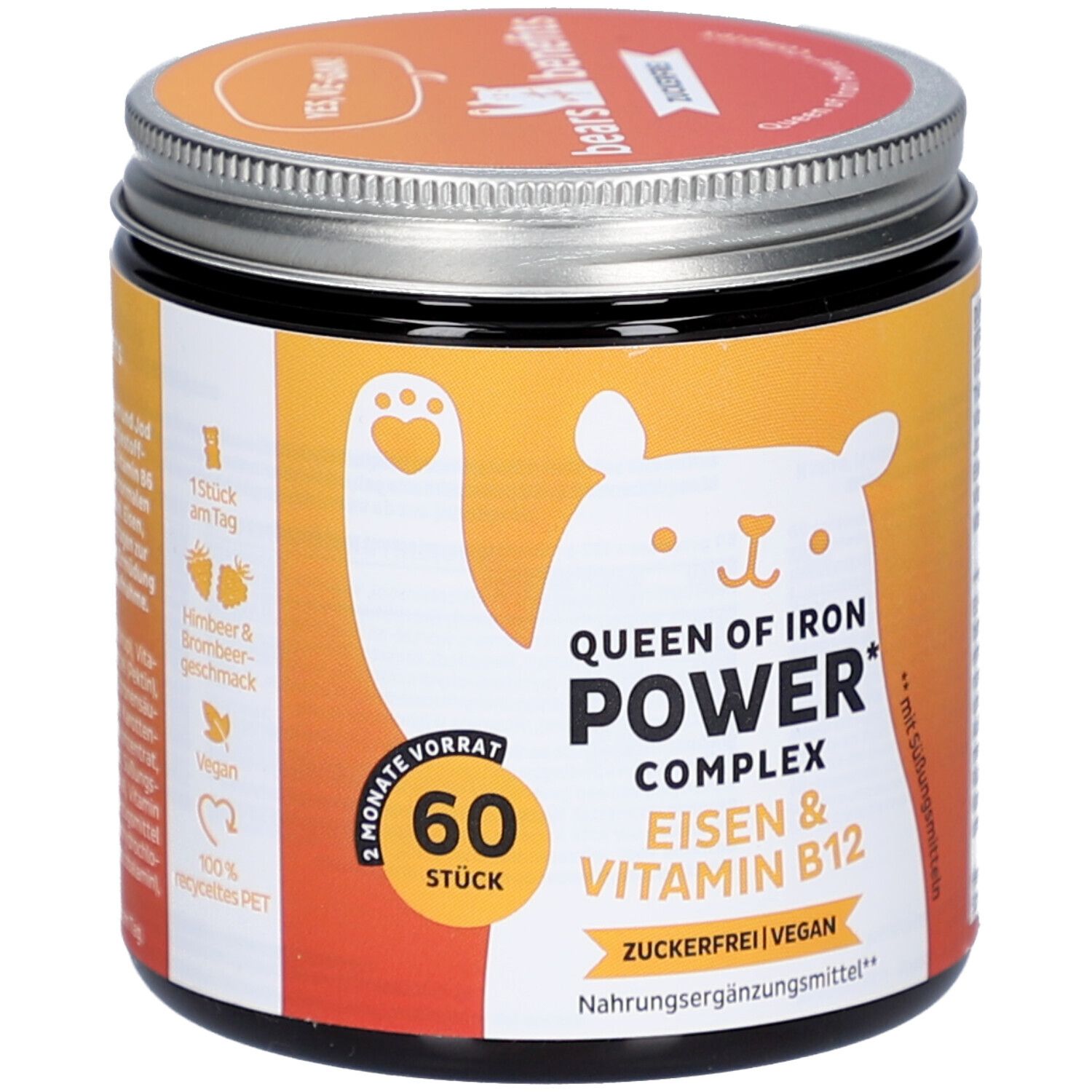 Dose "Queen of Iron Power Complex" mit "Eisen & Vitamin B12". Orange-weißes Etikett mit Bär-Illustration. 60 Stück.