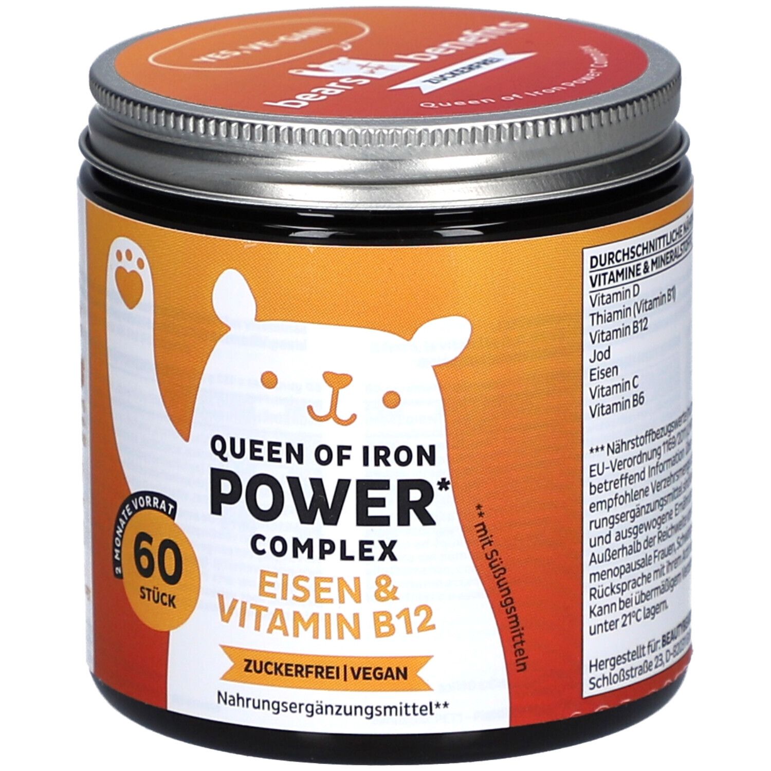 Dose "Queen of Iron Power Complex" mit "Eisen & Vitamin B12". Orange-weißes Etikett mit Bär-Illustration. 60 Stück.