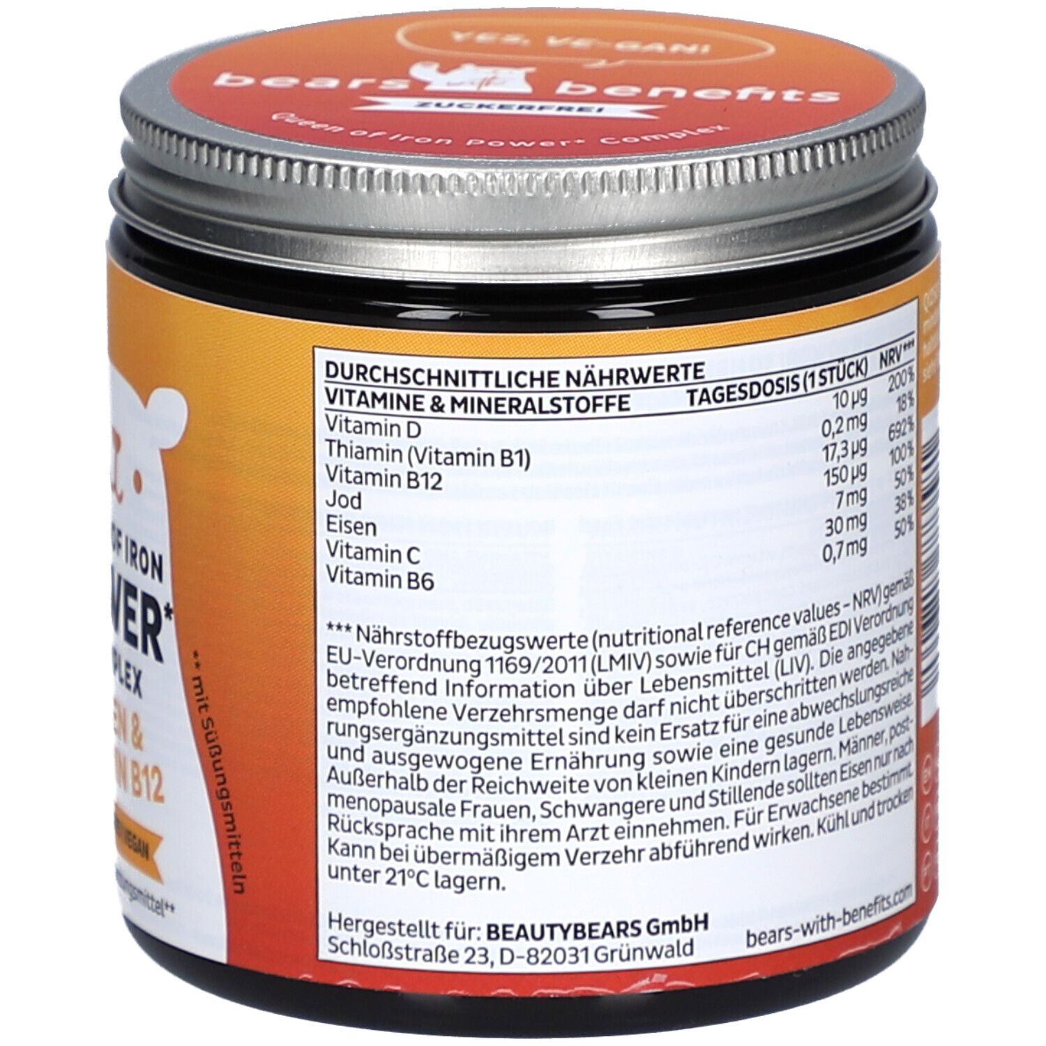 Dose mit Nährwertangaben. Text in Deutsch. Marke: bears with benefits. Herstelleradresse. 60 Stück.