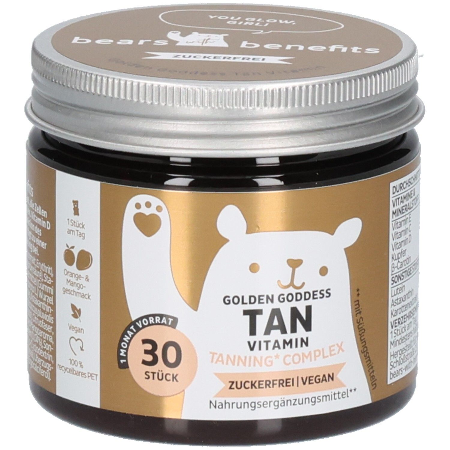 Braunes Glas mit Deckel. Aufkleber mit Produktname: Golden Goddess Tan Vitamin. 30 Stück. Zuckerfrei, vegan.
