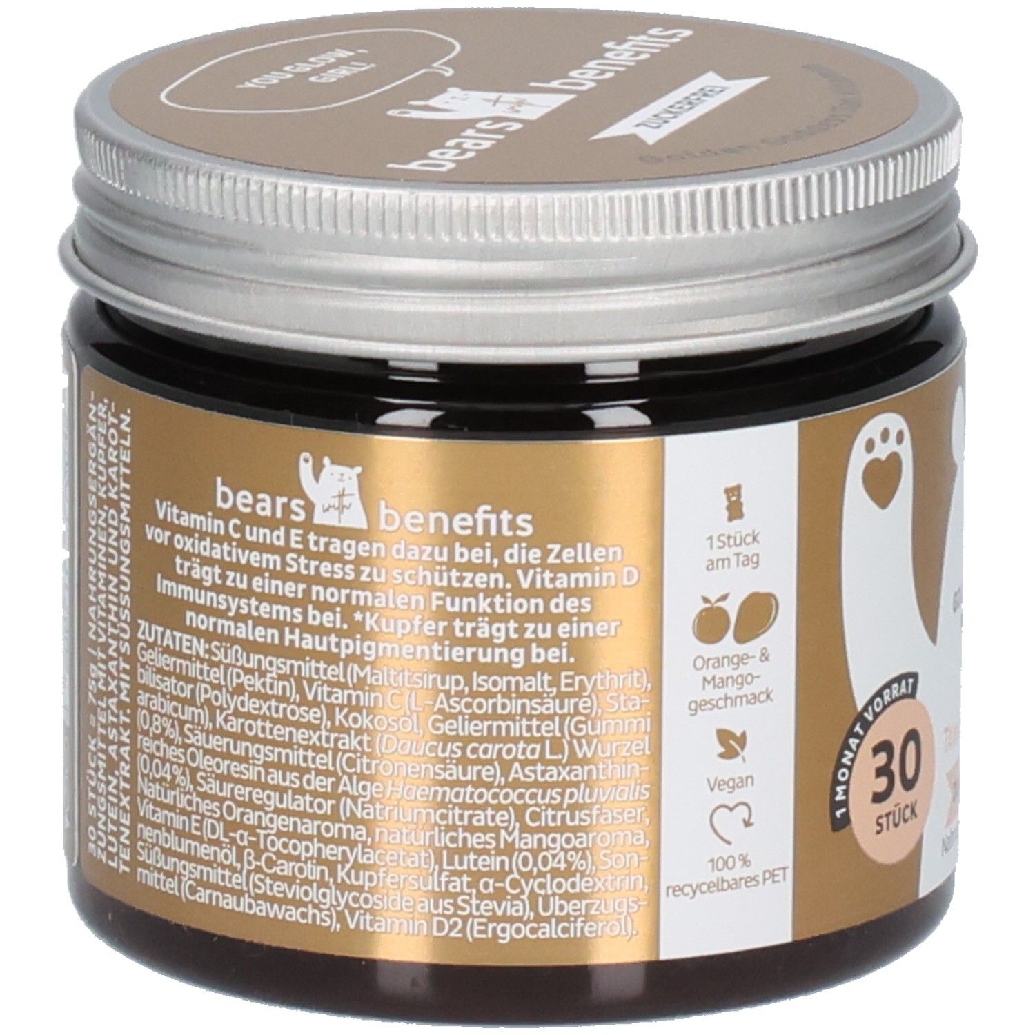 Braunes Glas mit Deckel. Aufkleber mit Inhaltsstoffen und Nährwertangaben. 30 Stück. Vegan. 100% recycelbares PET.