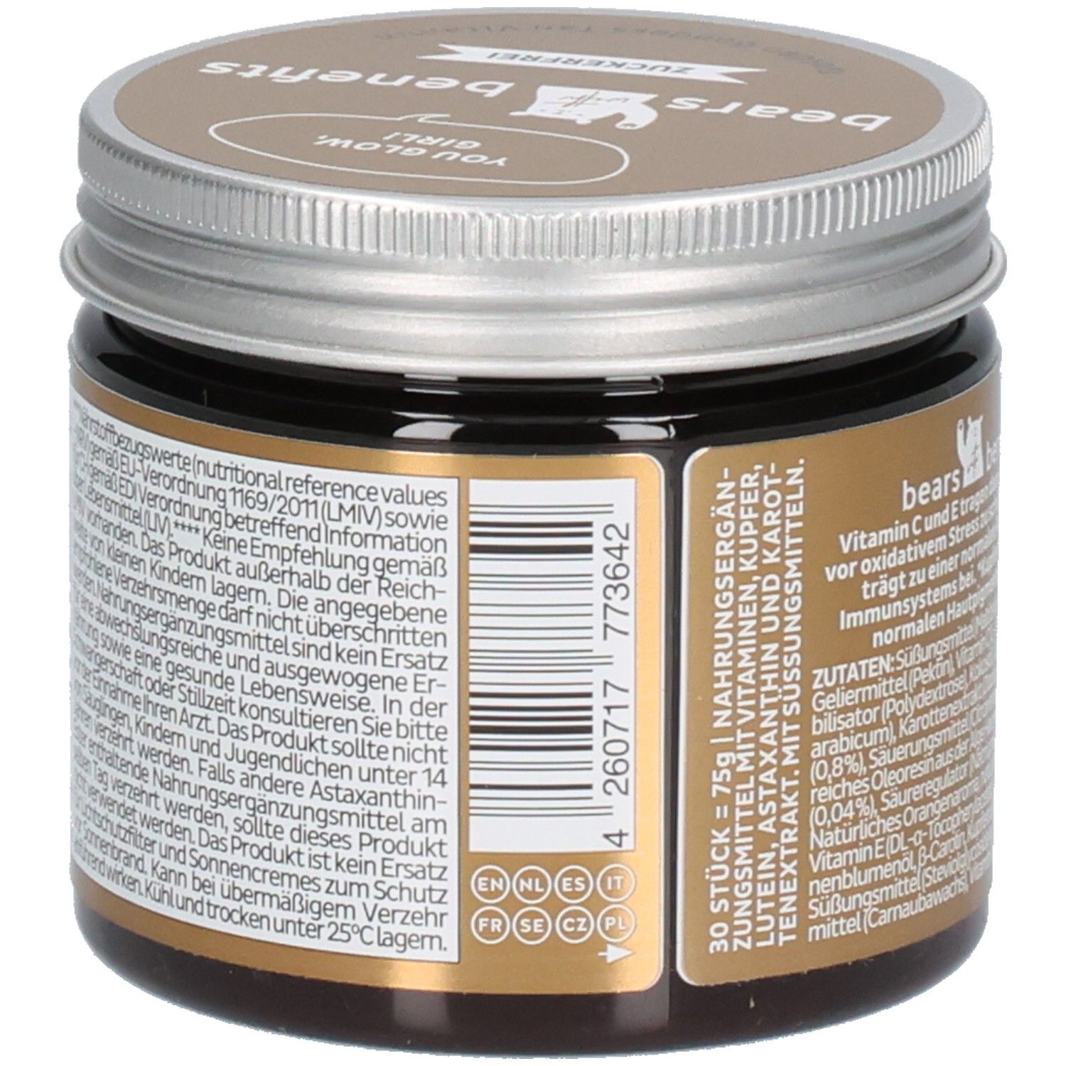 Braunes Glas mit Deckel. Aufkleber mit Barcode und Herstellerinformationen. 30 Stück. Nährwertangaben.