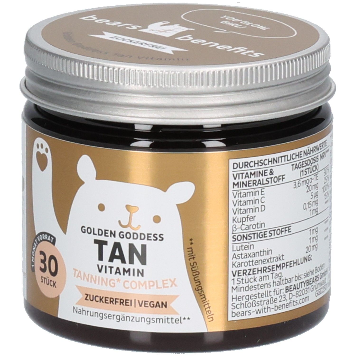 Braunes Glas mit Deckel. Aufkleber mit Produktname: Golden Goddess Tan Vitamin. 30 Stück. Zuckerfrei, vegan. Nährwertangaben.