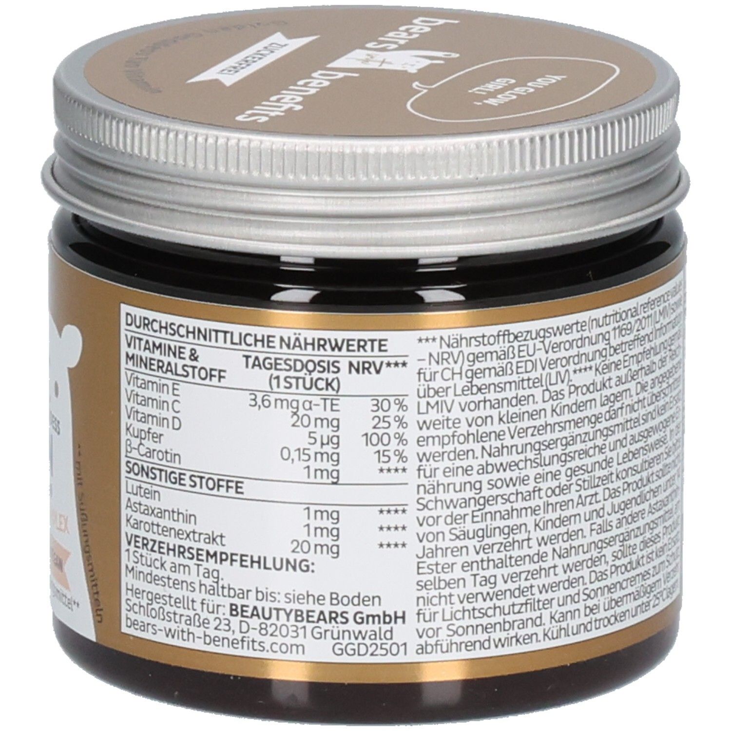 Braunes Glas mit Deckel. Aufkleber mit Nährwertangaben und Herstellerinformationen. 30 Stück. Vegan.