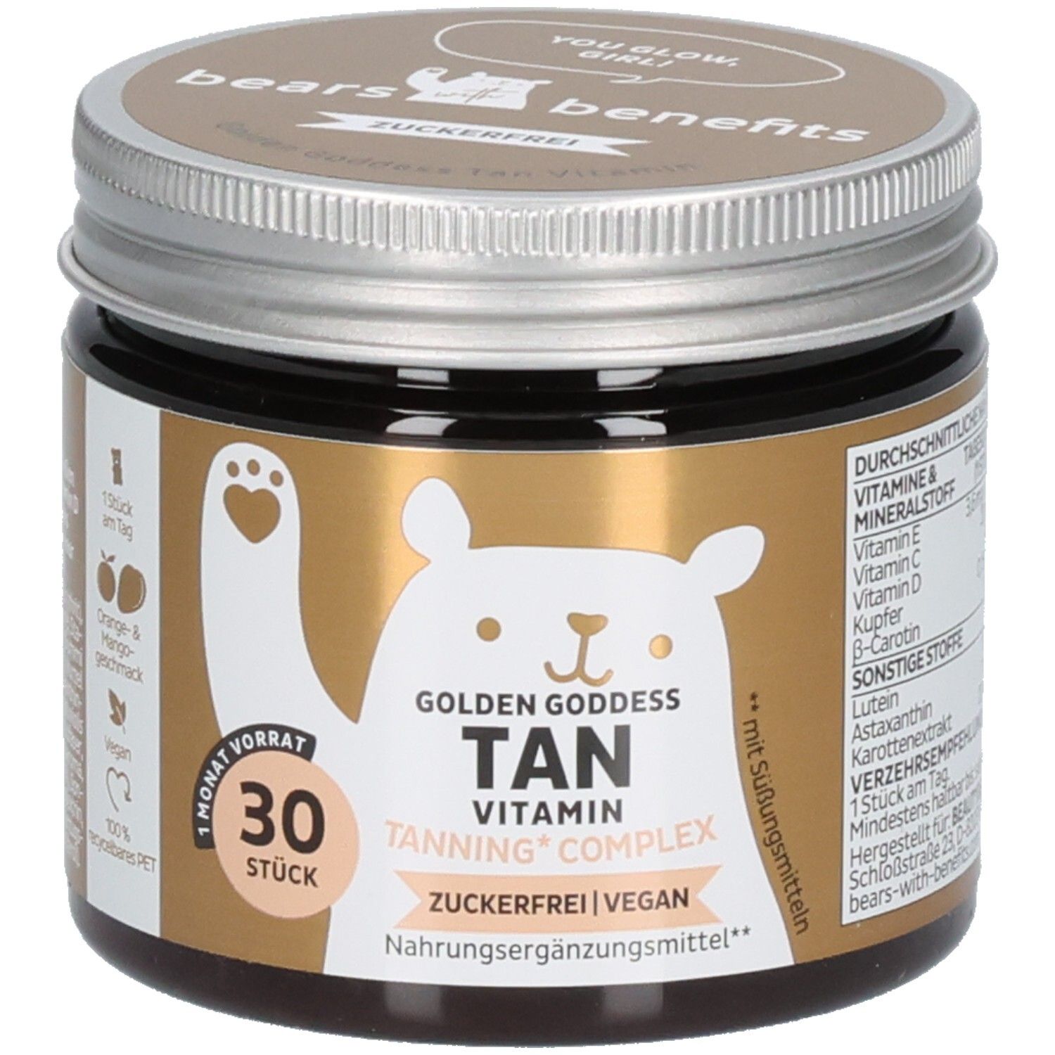 Braunes Glas mit Deckel. Aufkleber mit Produktname: Golden Goddess Tan Vitamin. 30 Stück. Zuckerfrei, vegan. Nährwertangaben.
