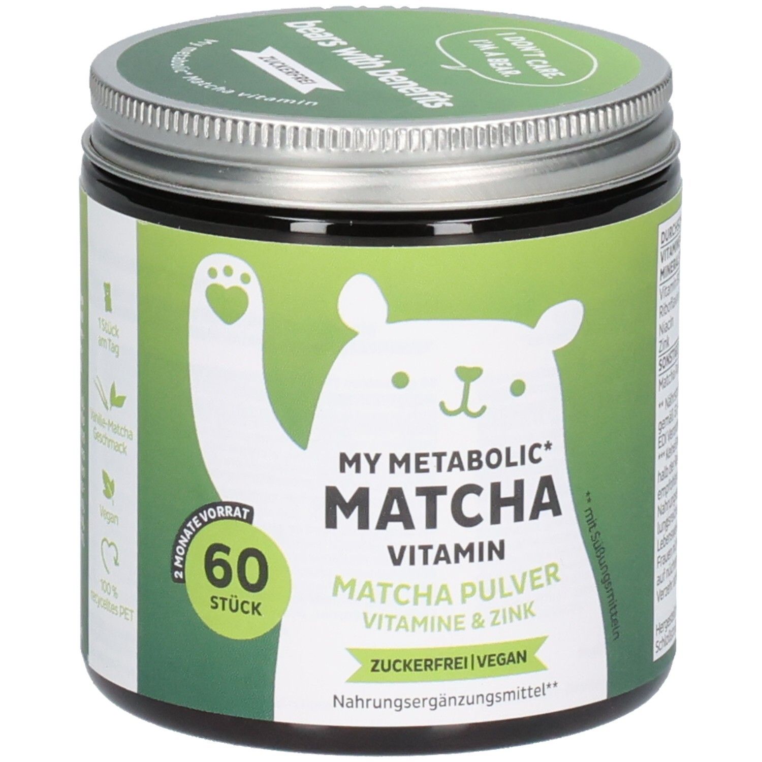 Grünes Glas mit Deckel. Aufschrift: MY METABOLIC MATCHA VITAMIN. Enthält 60 Stück. Vegan. Zuckerfrei. Bär-Illustration.