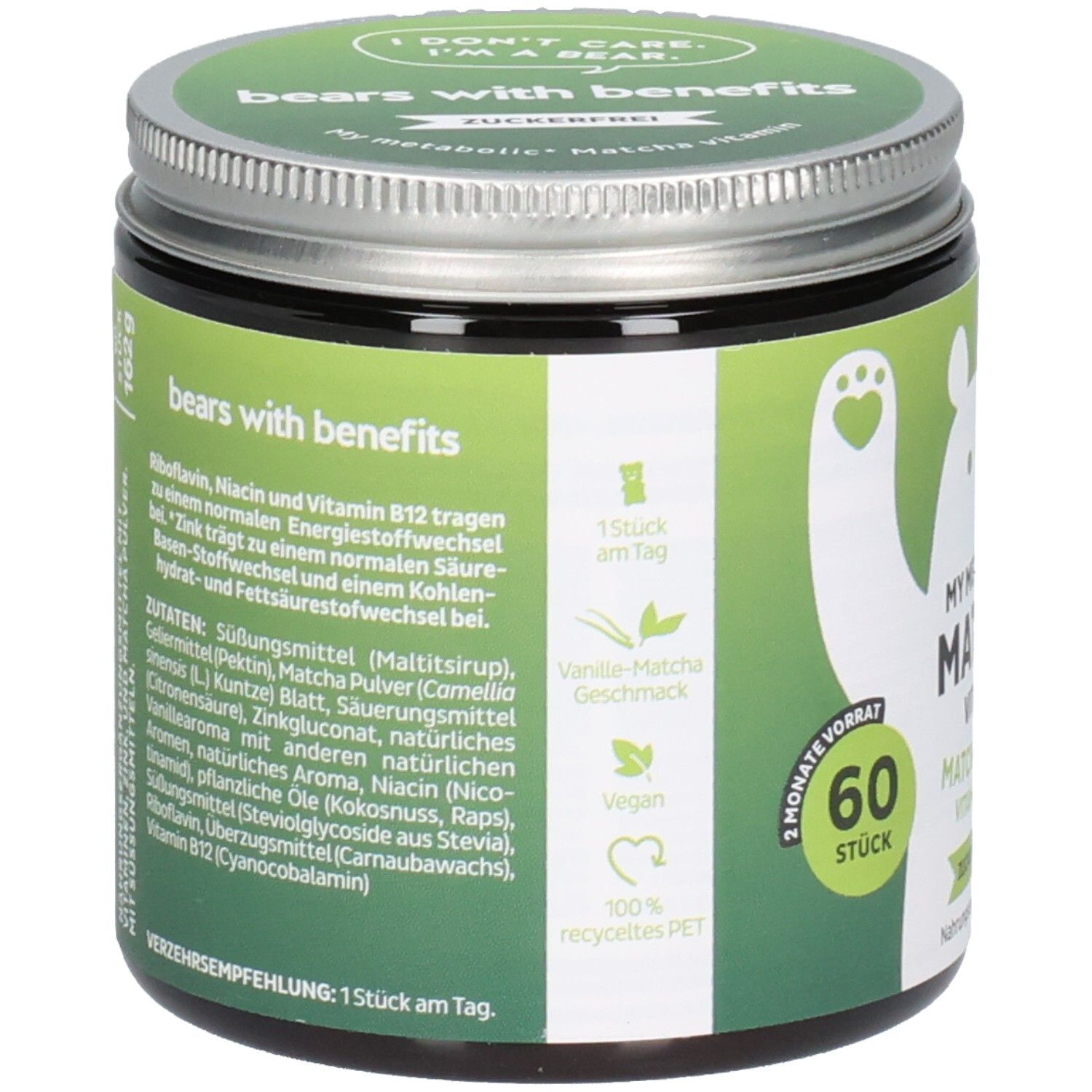 Rückseite des grünen Glases. Text: Inhaltsstoffe, Nährwertangaben, Verzehrempfehlung. 60 Stück. Vegan. 100% recyceltes PET.