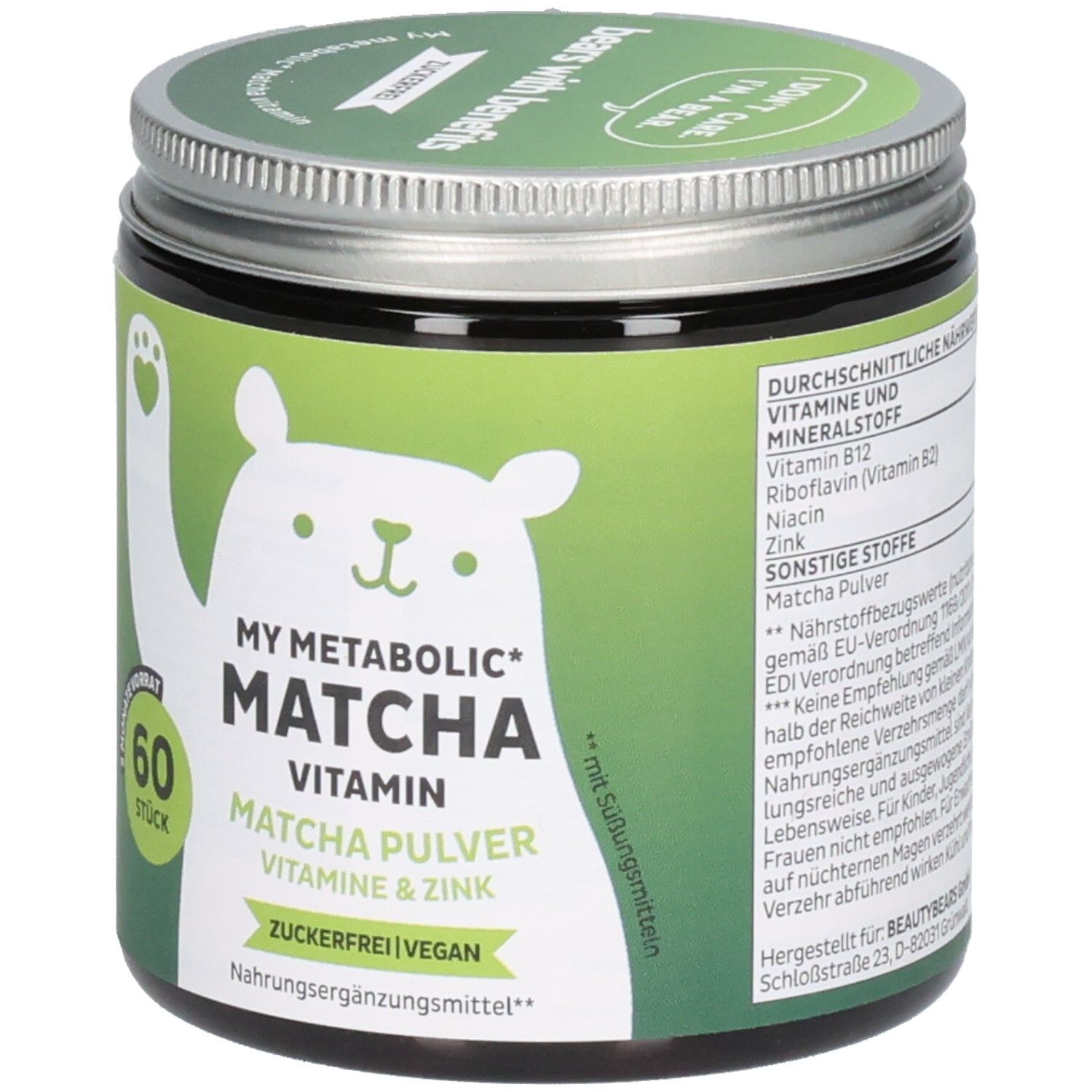 Grünes Glas mit Deckel. Aufschrift: MY METABOLIC MATCHA VITAMIN. Enthält 60 Stück. Vegan. Zuckerfrei. Bär-Illustration.