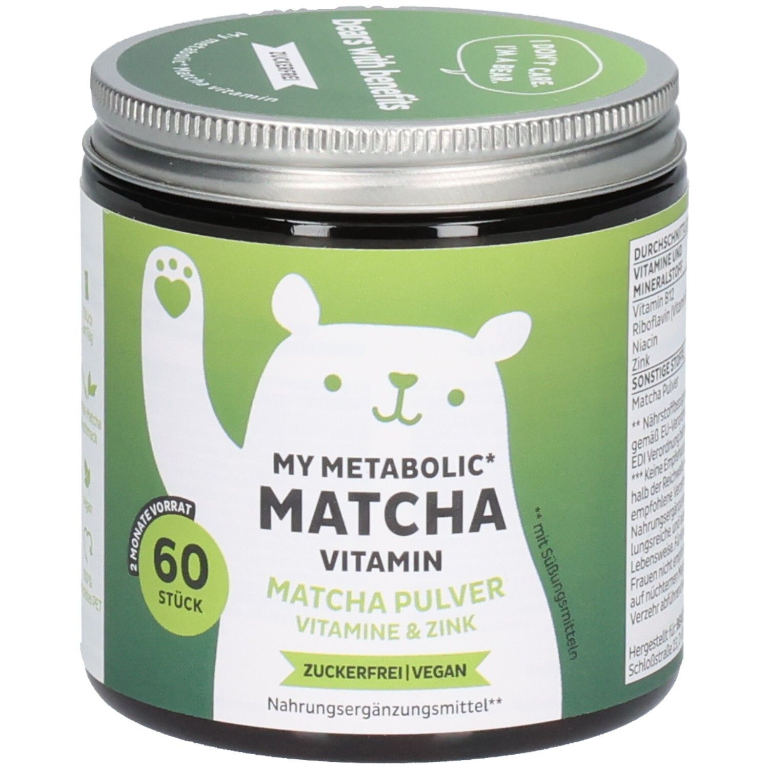 Grünes Glas mit Deckel. Aufschrift: MY METABOLIC MATCHA VITAMIN. Enthält 60 Stück. Vegan. Zuckerfrei. Bär-Illustration.