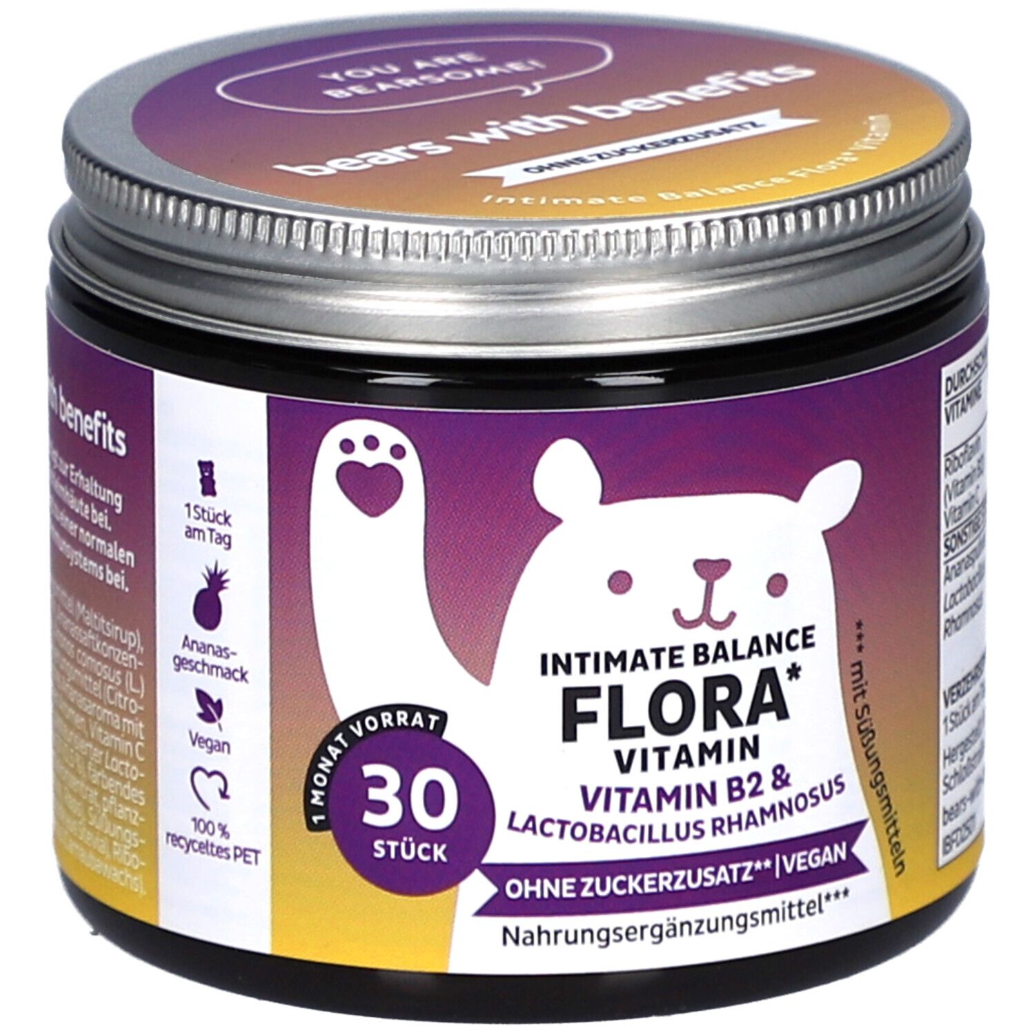 Dose mit Deckel. Aufschrift: Intimate Balance Flora Vitamin B2 & Lactobacillus rhamnosus. 30 Stück. Ohne Zuckerzusatz. Vegan.