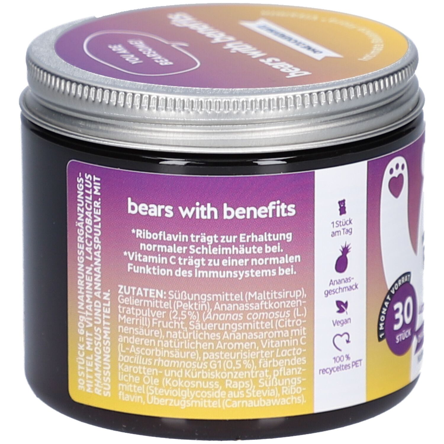 Dose mit Deckel. Rückseite mit Text. Zutatenliste, Nährwertangaben, Herstellerinformationen. 100% recyceltes PET.